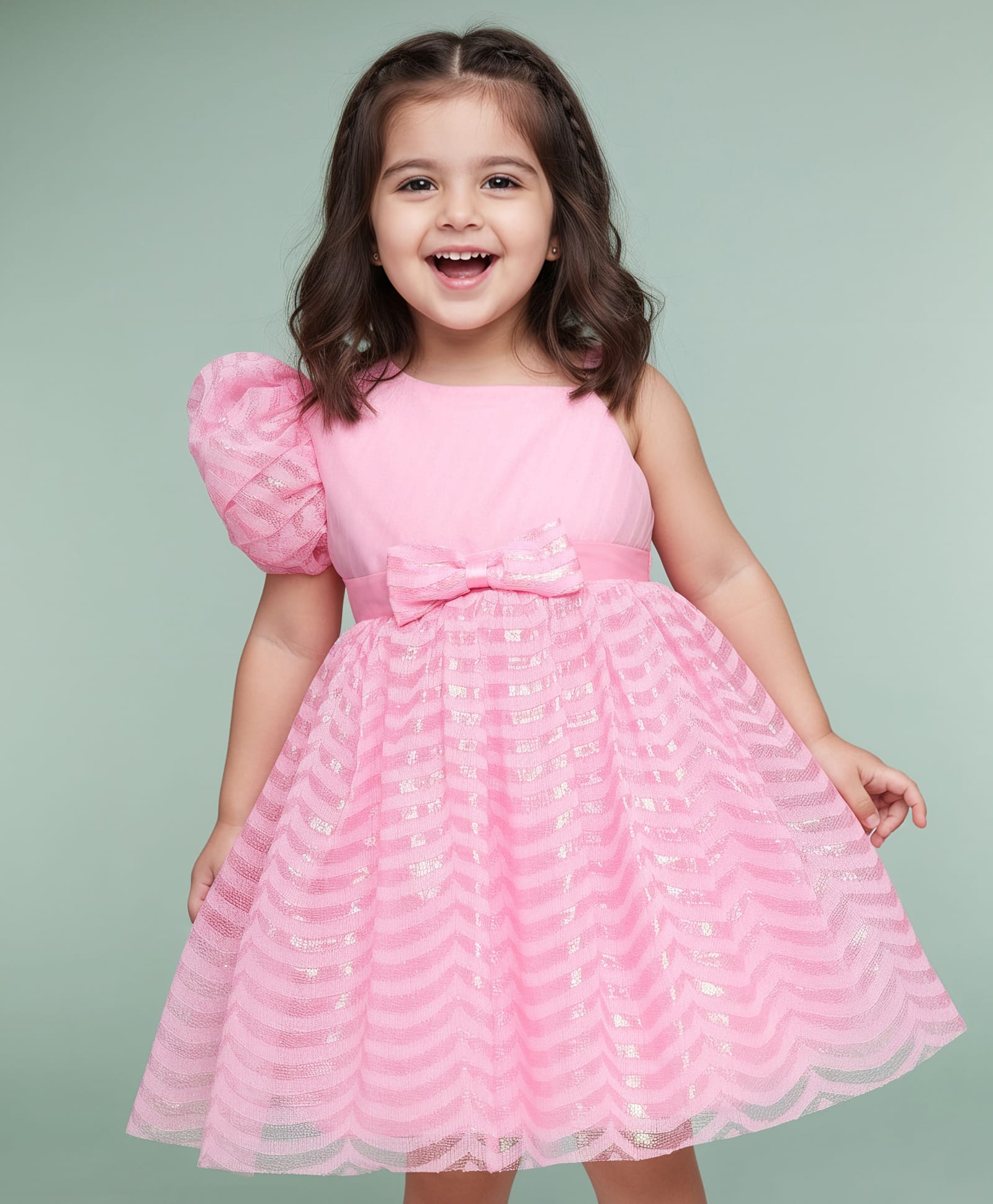 Babyhug Woven Half Sleeves Party Dress With Bow Corsage & Sequin Design- Pink-image-48