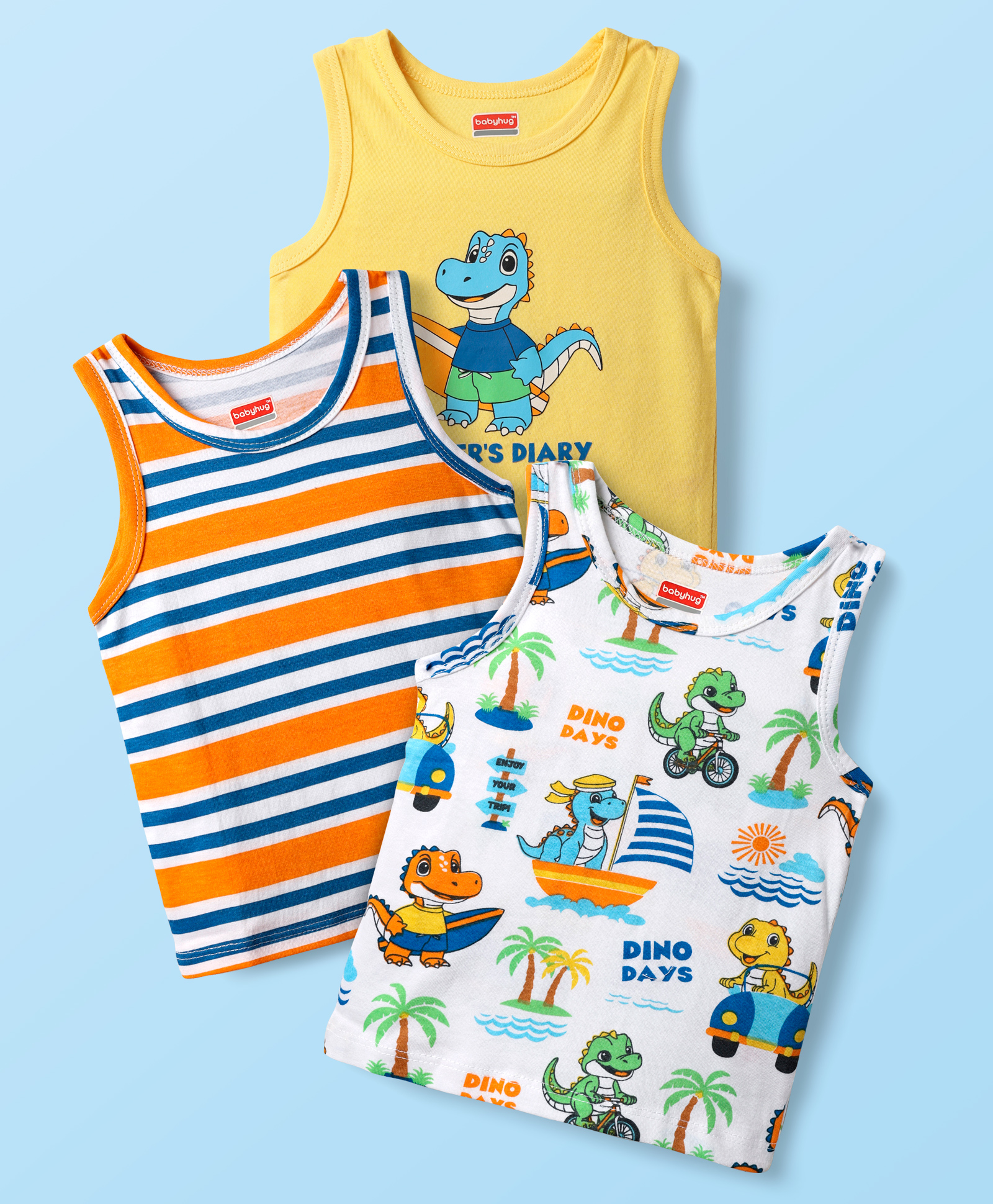 Babyhug 100% Cotton Antibacterial Sleeveless Vests With Stripes & Dino Print Pack Of 3 - Yellow Orange & White-picture-22
