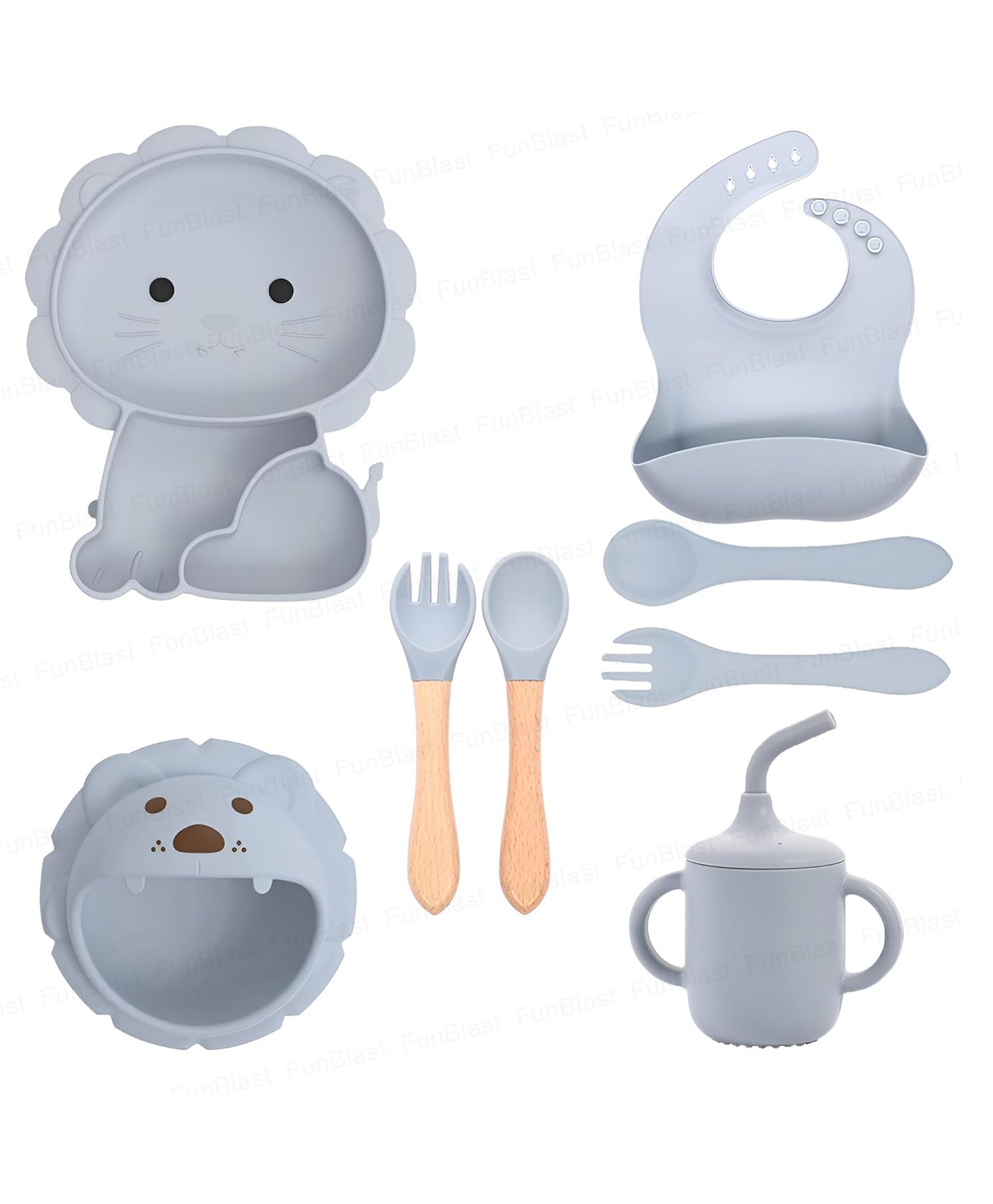 FunBlast Lion Theme Silicone Baby Tableware Feeding Set8 Pcs Grey-image-43