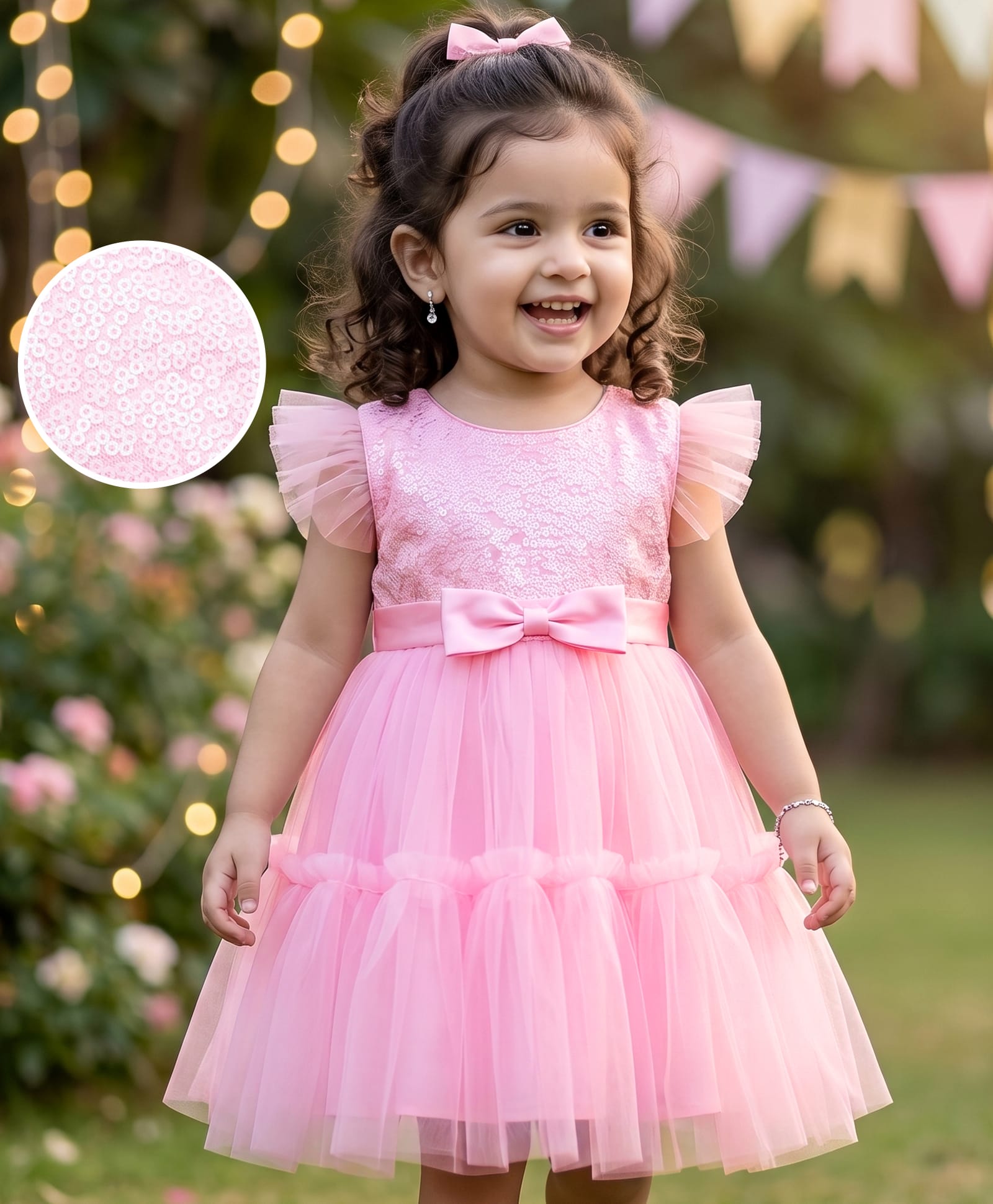 Babyhug 5 Layered Sleeveless Partywear Mesh Dress With Sequinned Yoke & Bow Applique With Cotton Lining - Light Pink-image-35