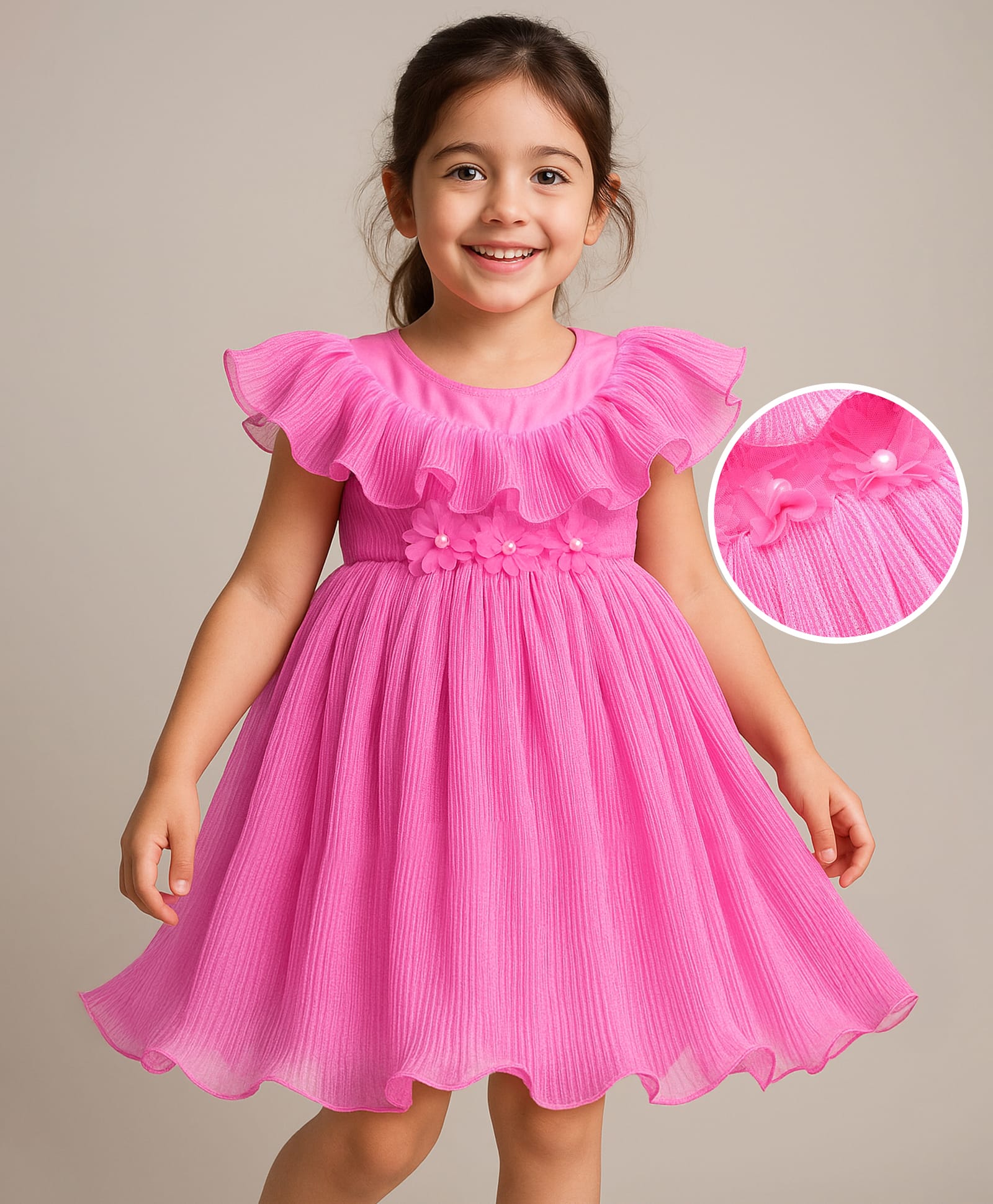 Babyhug Woven Sleeveless Pleated Party Dress With Ruffles And Bow Applique - Dark Pink-image-22