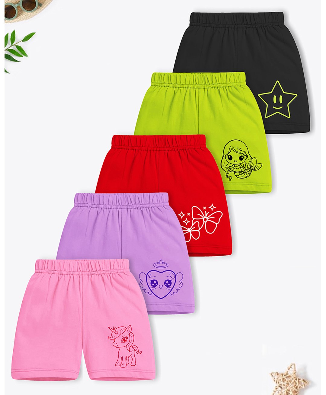 Trampoline Cotton Blend Pack Of 5 Butterfly & Unicorn Printed Shorts - Multi Colour-picture-35