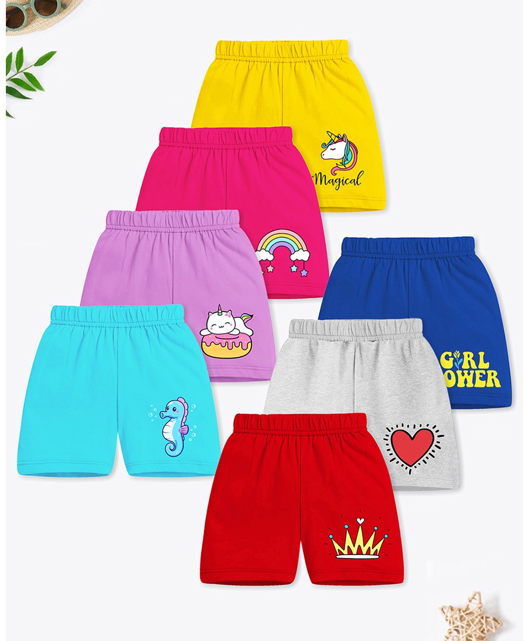 Trampoline Cotton Blend Pack Of 7 Unicorn & Girl Power Text Printed Shorts - Multi Colour-image-45