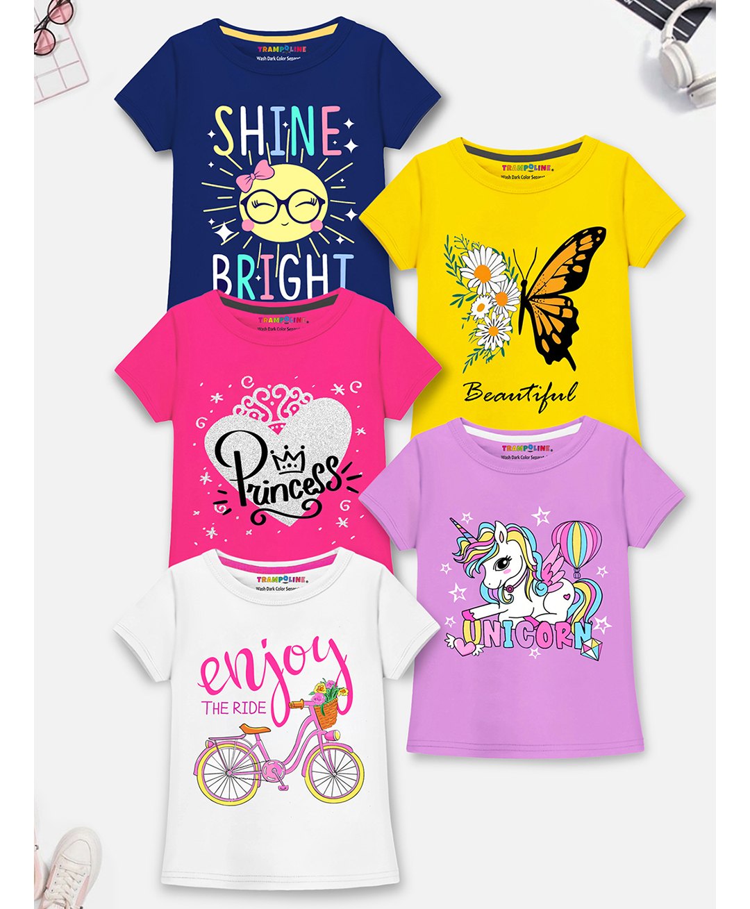 Trampoline Cotton Blend Pack Of 5 Half Sleeves Unicorn & Butterfly Printed Tees - Multi Colour-picture-28