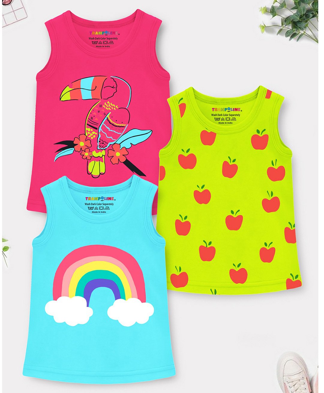 Trampoline Cotton Blend Pack Of 3 Sleeveless Rainbow & Apple Printed Tees - Green Blue & Pink-picture-39