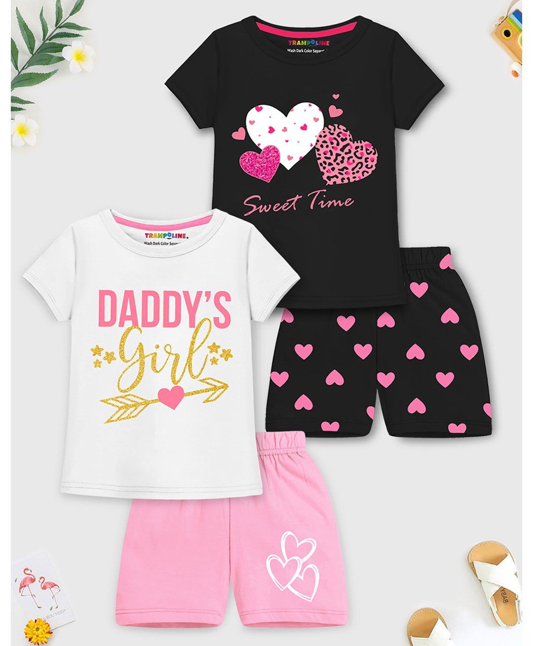 Trampoline Cotton Blend Pack Of 2 Half Sleeves Daddy Girls Text & Heart Printed Tees With Shorts Set - White & Black-image-43