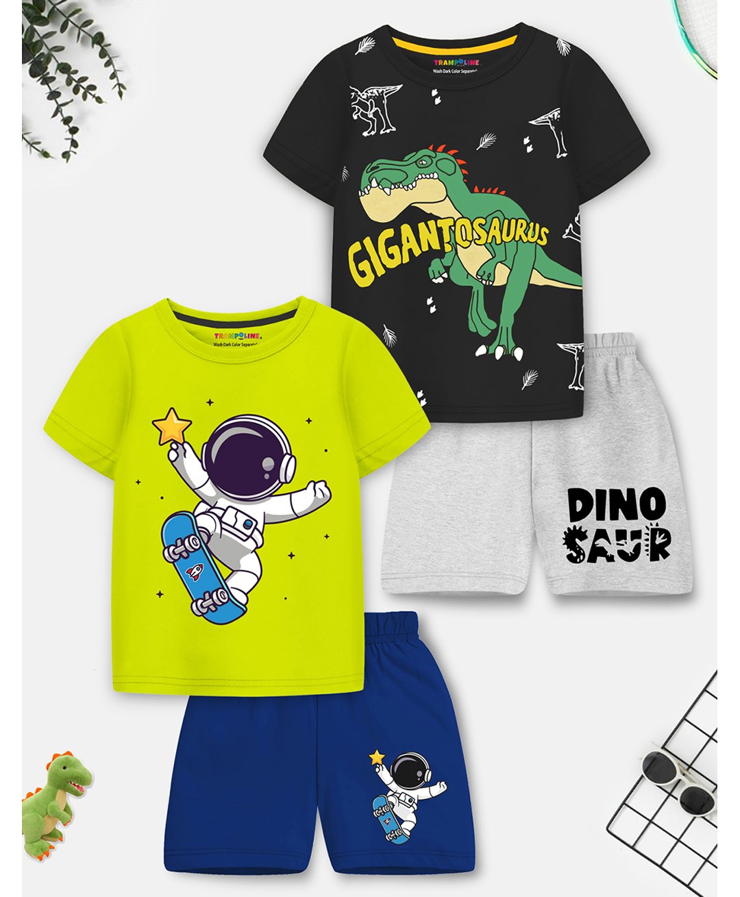 Trampoline Cotton Blend Pack Of 2 Half Sleeves Dinodaur & Space Theme Printed Tees With Shorts Set - Multi Colour-image-21