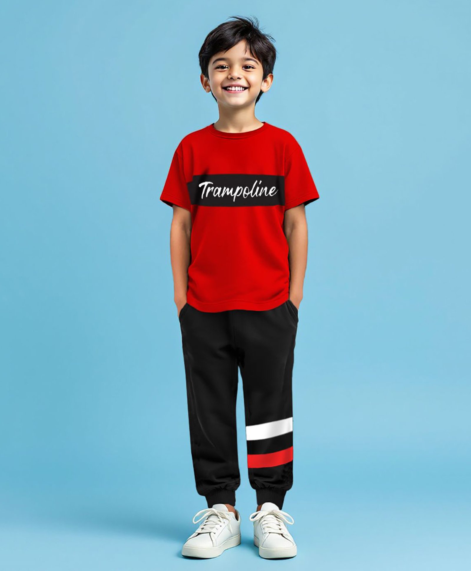 Trampoline Cotton Blend Half Sleeves Brand Name Text Printed Tee With Track Pants Set - Red & Black-picture-28