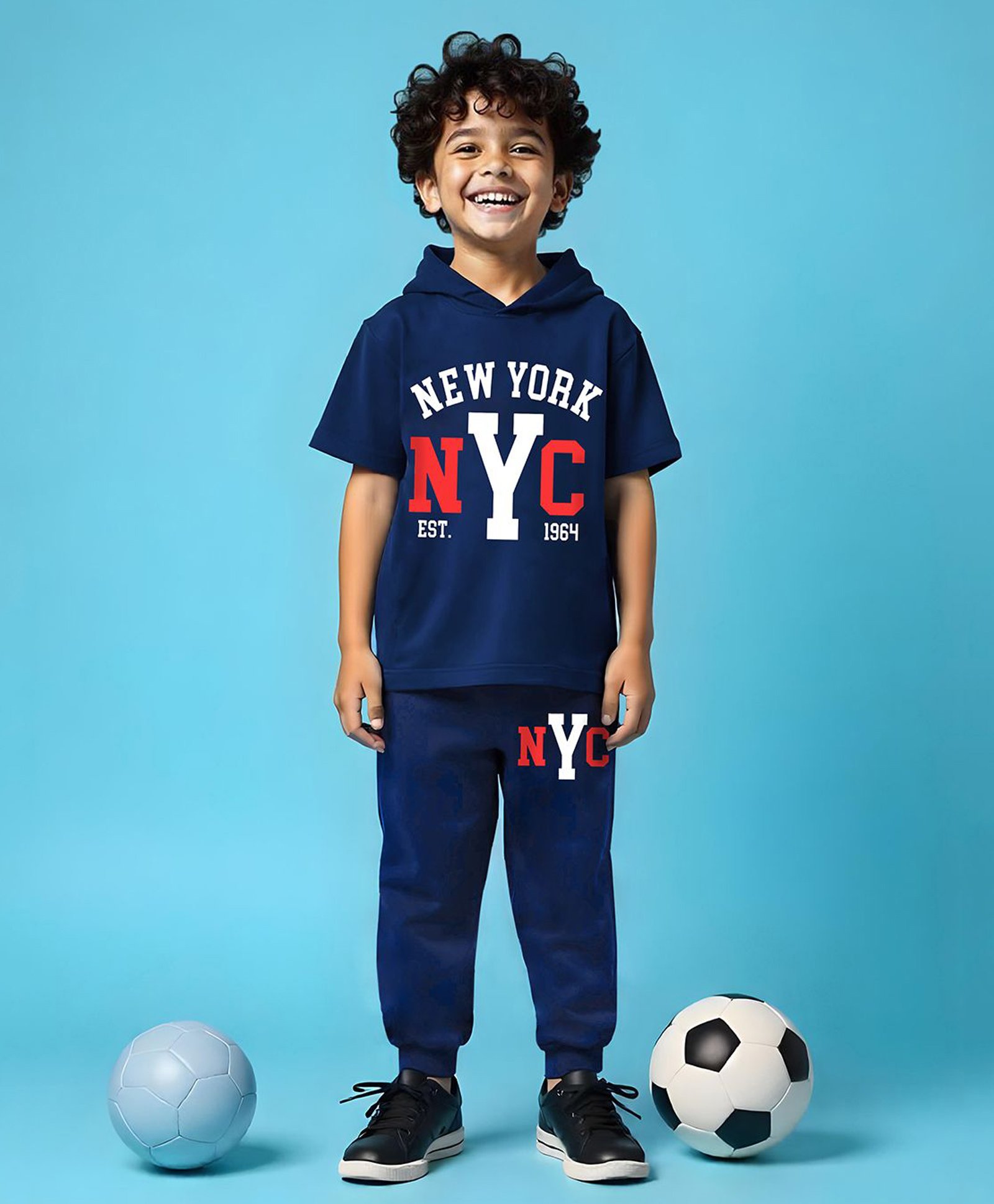 Trampoline Cotton Blend Half Sleeves New York Text Printed Hooded Tee With Coordinating Track Pants Set - Blue-picture-18