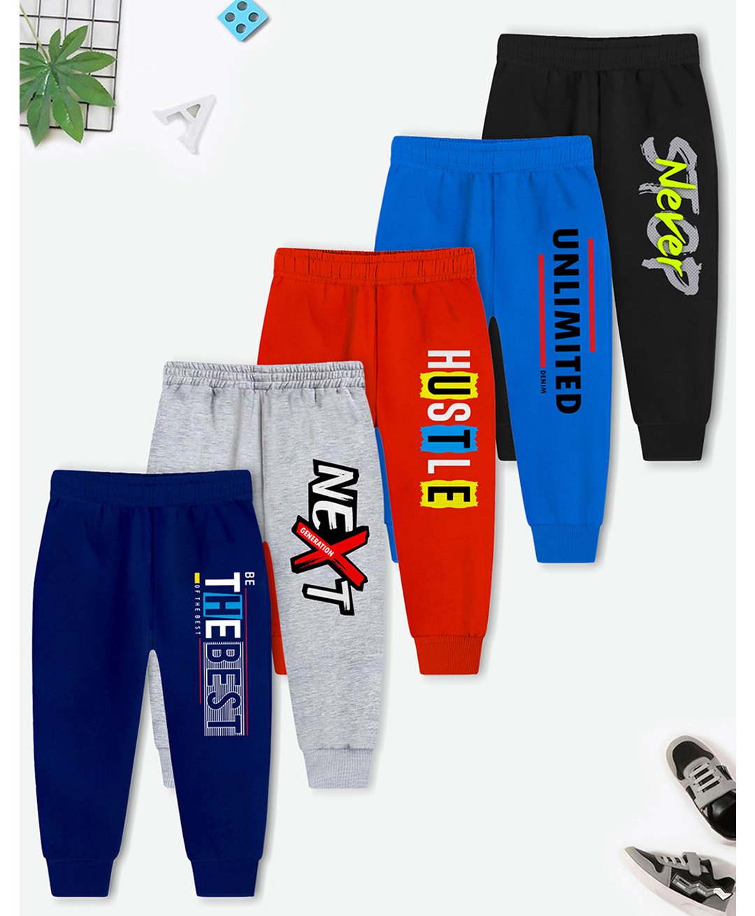 Trampoline Cotton Blend Pack Of 5 Typography Printed Pajamas - Multi Colour-picture-32