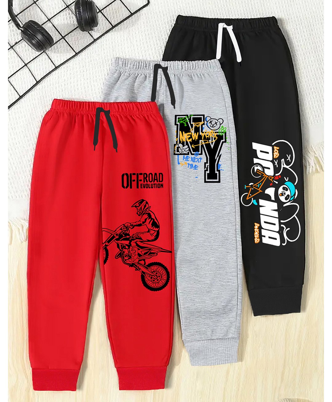 Trampoline Cotton Blend Pack Of 3 Bike & Panda Printed Track Pants - Red Grey & Black-picture-31