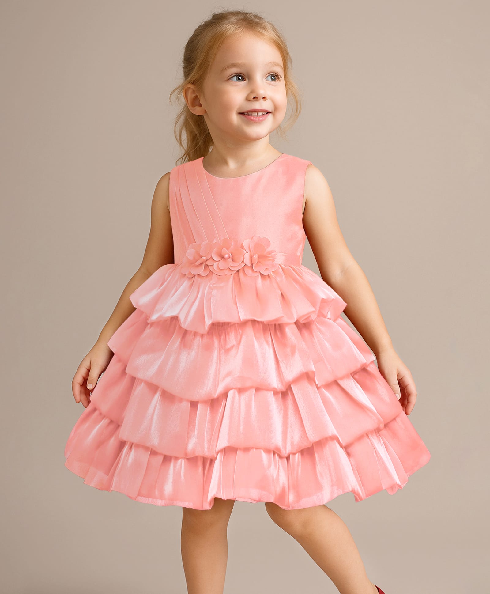 Babyhug Woven Sleeveless Solid Color Layered Party Frock with Floral Detailing - Dark Peach-image-39