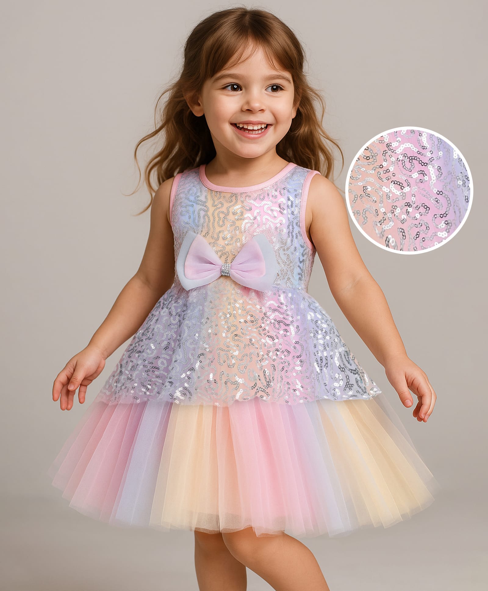 Babyhug Woven Sleeveless Sequinned Layered Dress With Bow Applique - Pink-image-15