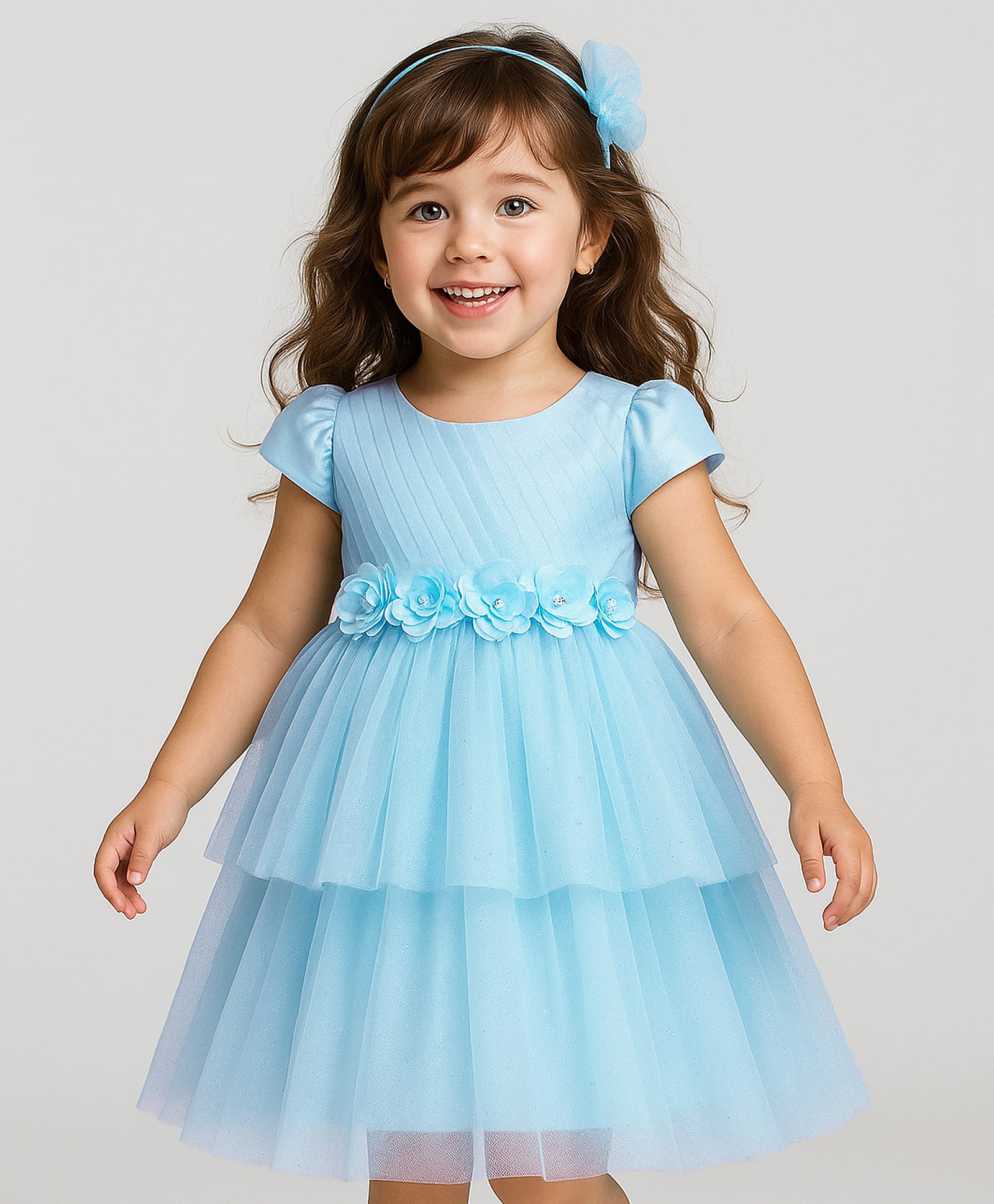 Babyhug Woven Cap Sleeves Layered Mesh Party Dress with Floral Ornamentation - Light Blue-image-27