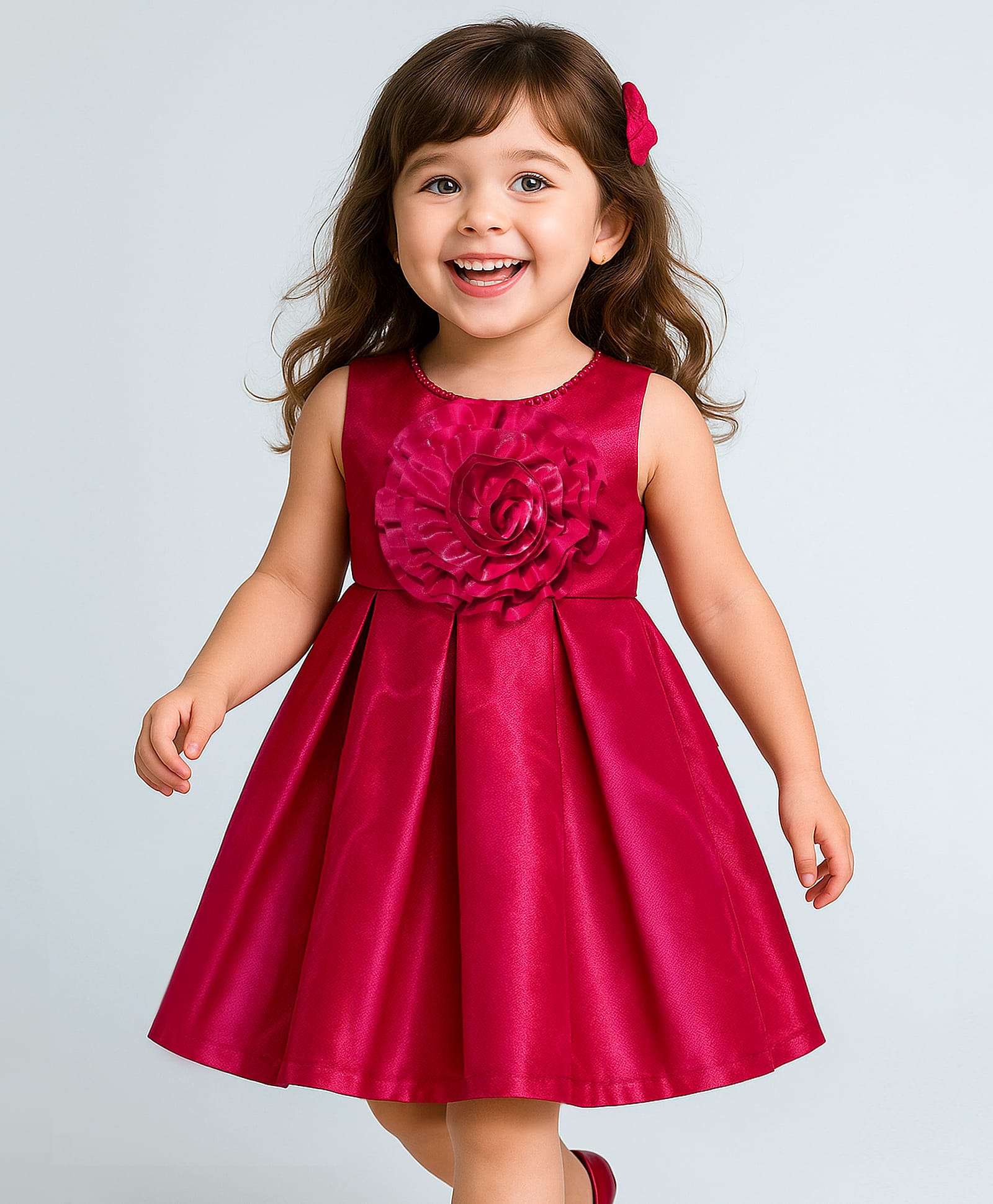 Babyhug Woven Sleeveless Pleated Party Dress with Floral Applique & Pearl Detailing - Red-image-33