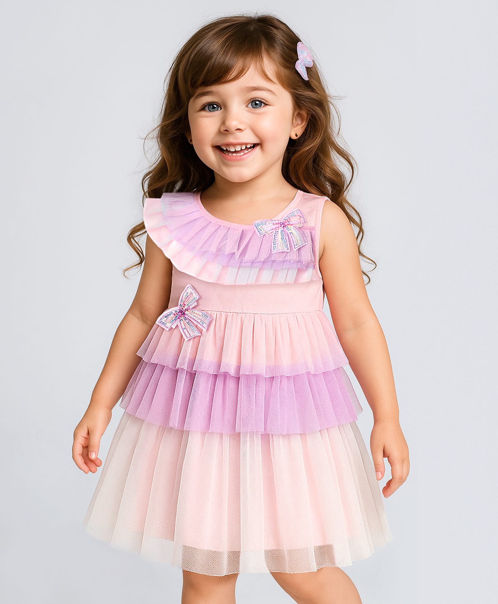 Babyhug Woven Sleeveless Mesh Party Dress With Bow Applique - Multicolor-image-28