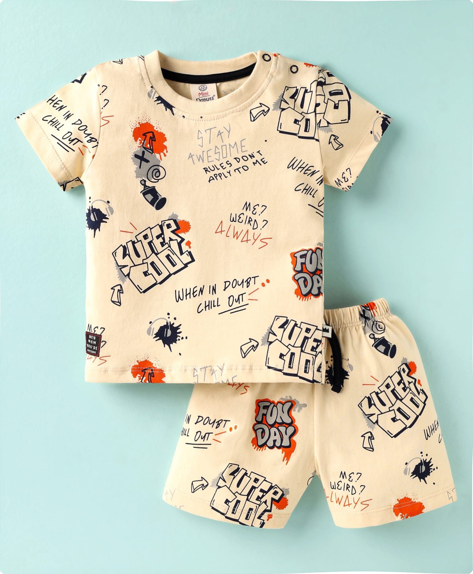 Mini Donuts Cotton Knit Half Sleeves Co-Ord Short Night Suit with Super Cool Text Print - Cream-image-44
