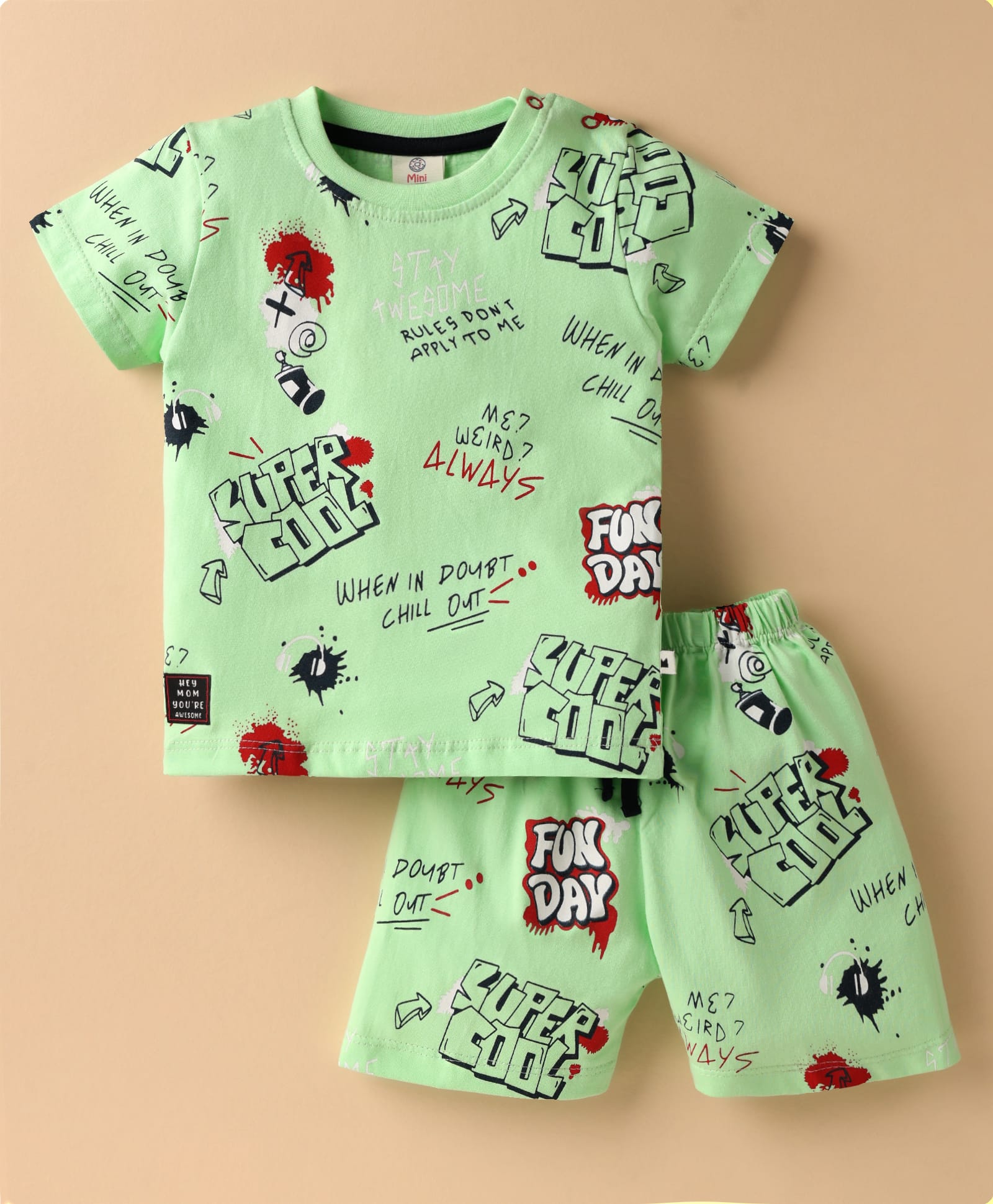 Mini Donuts Cotton Knit Half Sleeves Co-Ord Short Night Suit with Super Cool Text Print - Light Green-image-43