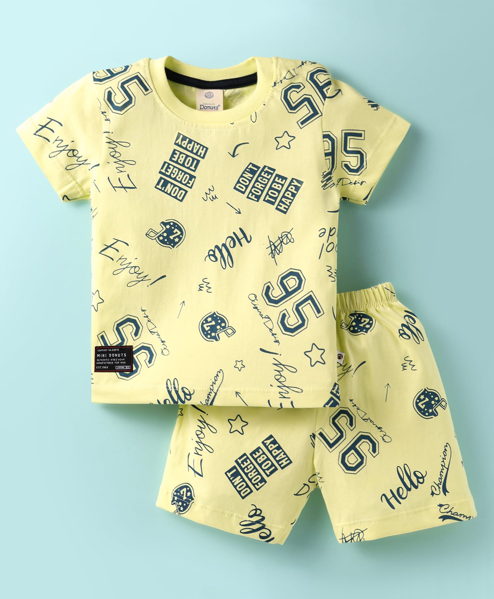 Mini Donuts Cotton Knit Half Sleeves Shorts Co-Ord Night Suit with Sports Theme Text Print - Light Yellow-image-27