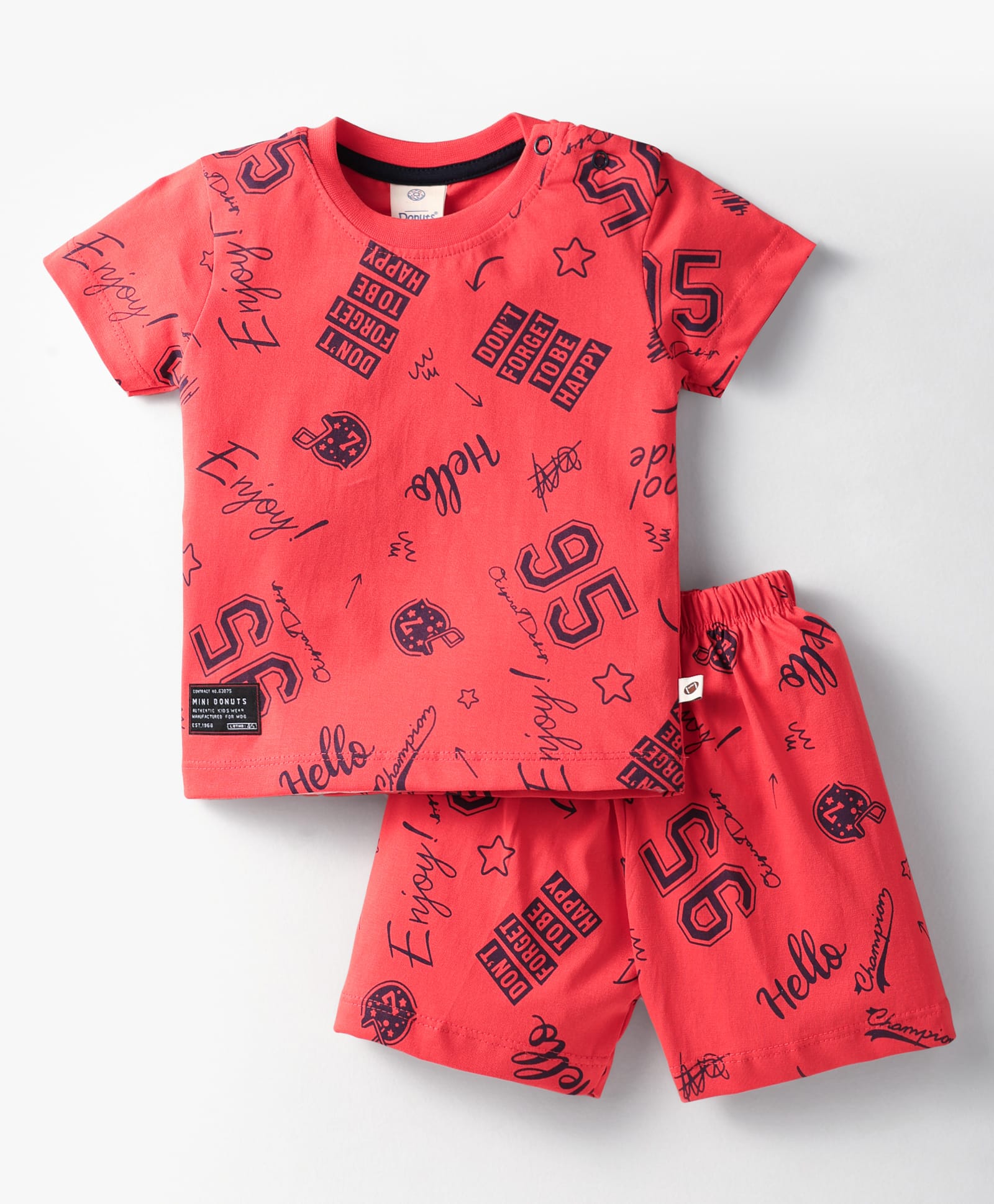 Mini Donuts Cotton Knit Half Sleeves Shorts Co-Ord Night Suit with Sports Theme Text Print - Dark Pink-image-29