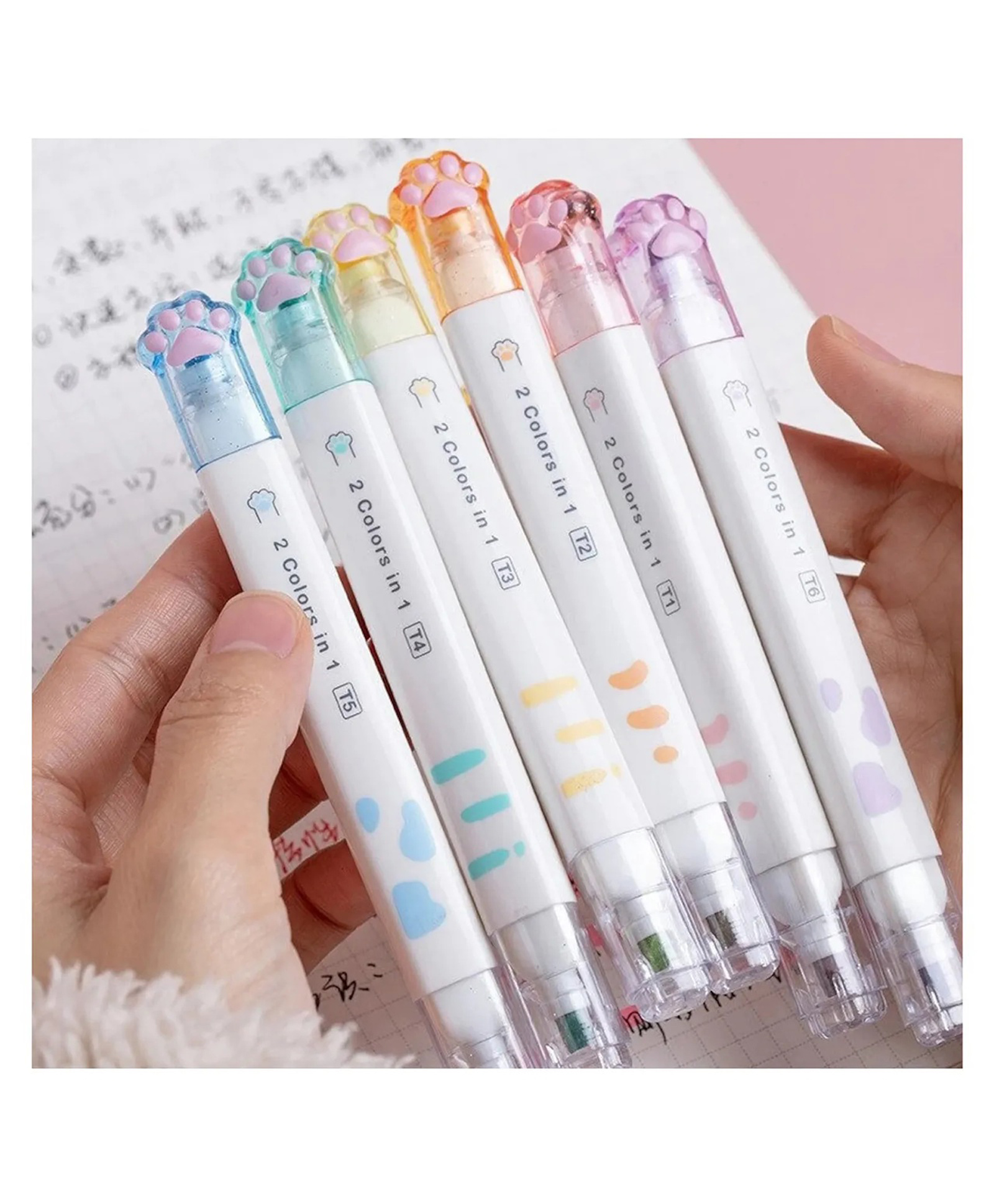 Comercio Cute Cat Paw 2 in 1 Highlighter Pen Set Pack of 6 - (Color and Design May Vary)-picture-12