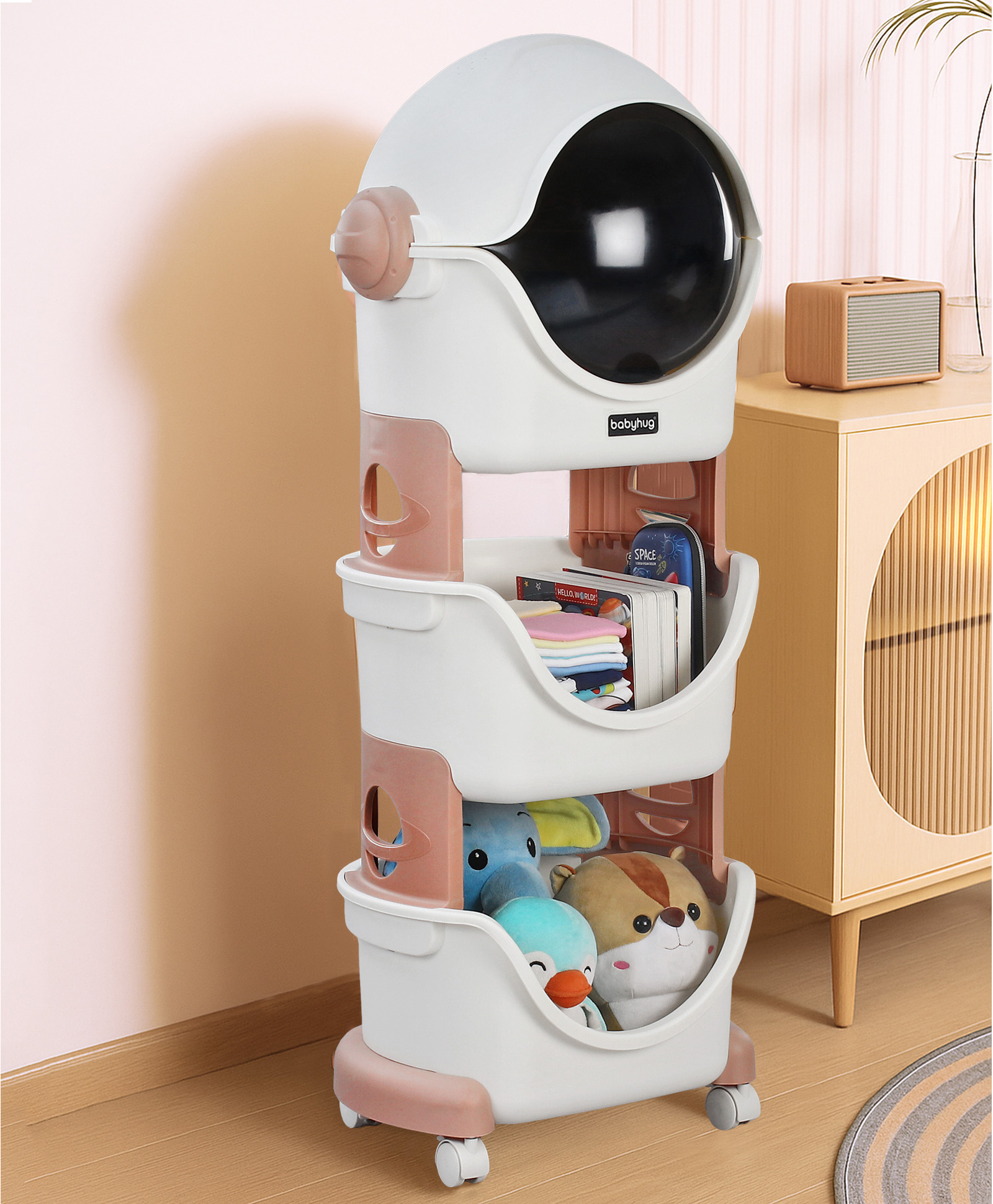 Babyhug Spaceman Storage Cart - Pink| 3 layers| Wheels with Lock| Top Layer with Dust Cover| Plug & Play Assembly| Toys Cloths Feeding Accessories Stationery Storage| Wardrobe