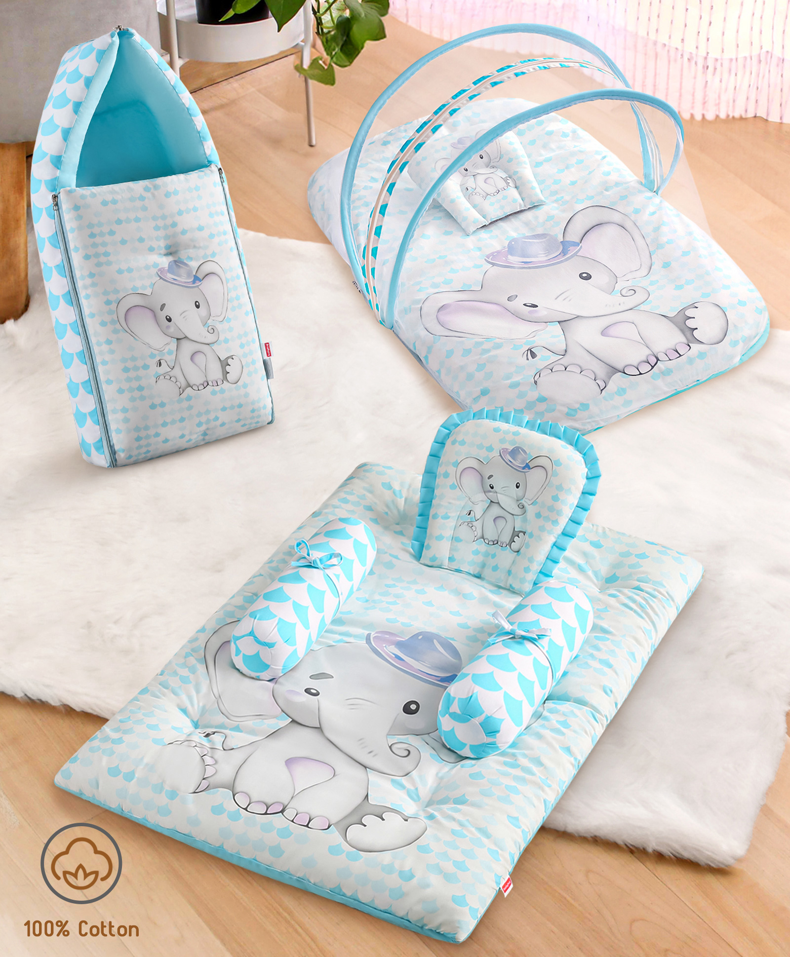 Babyhug Premium Elephant Theme Printed Super Saver Bedding Combo Set - Blue-image-13