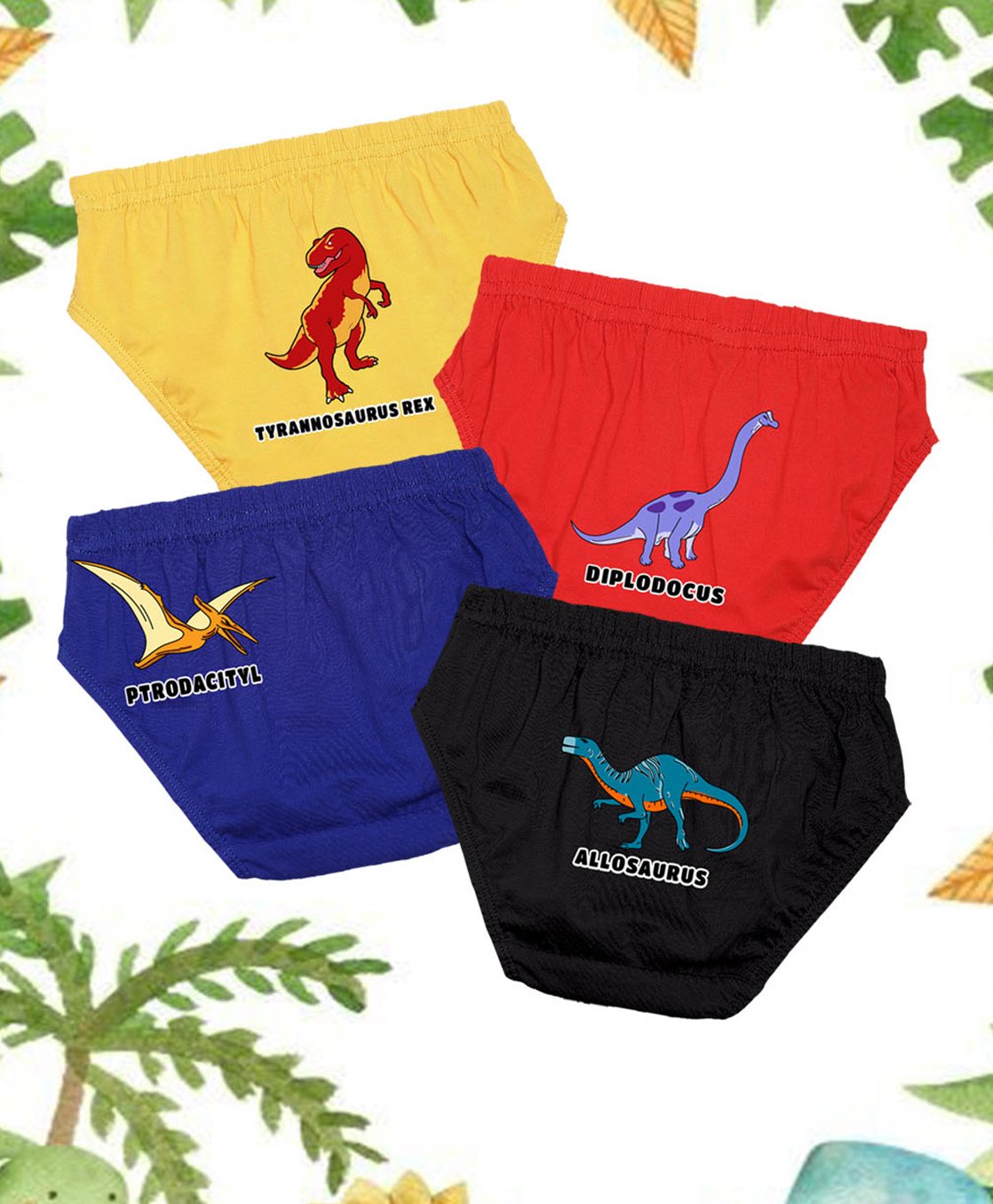 NUSYL Cotton Pack Of 4 Jungle Dinosaurs & Typography Printed Briefs - Yellow Red Royal Blue & Black-picture-25