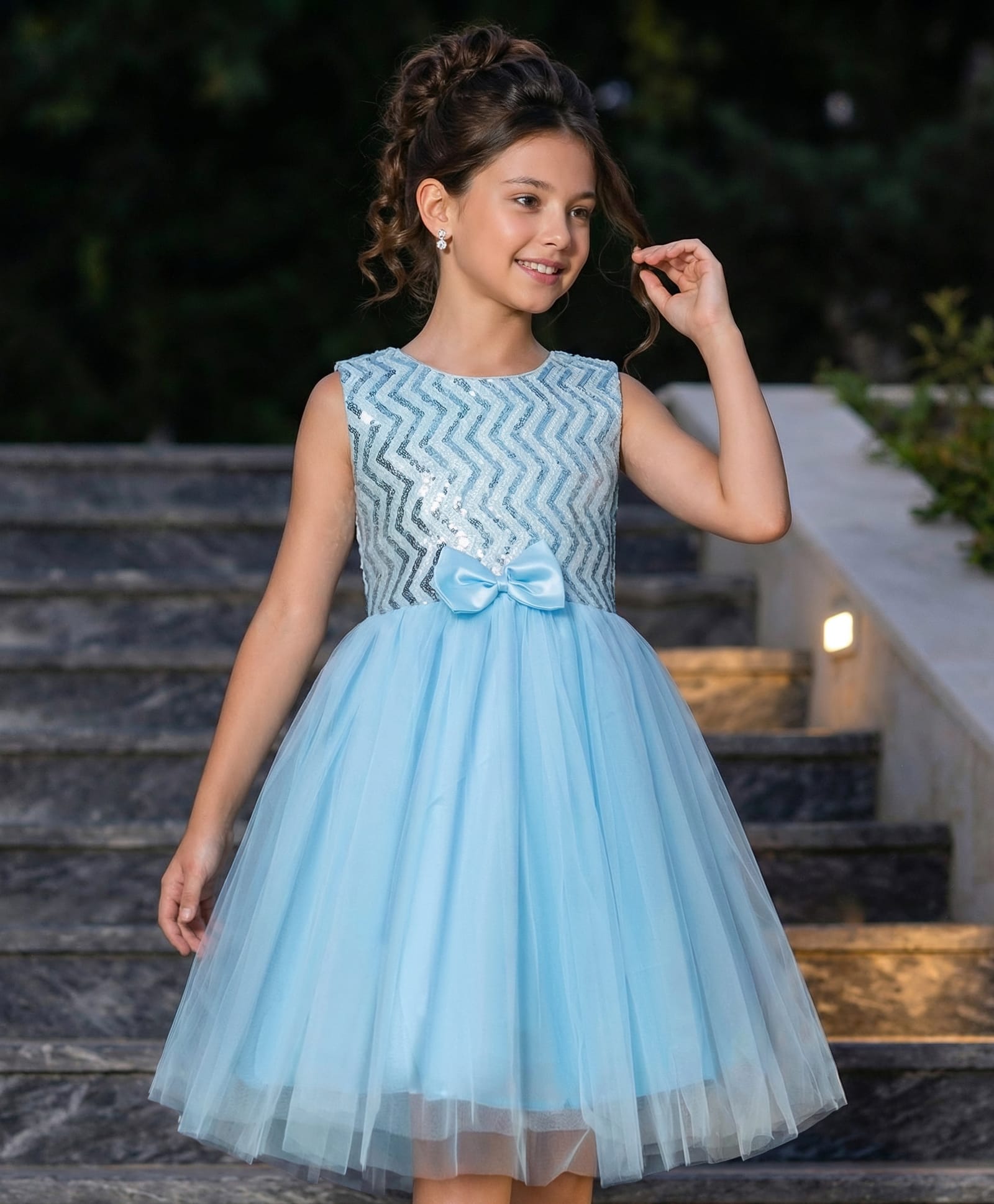 Pine Kids Woven Sleeveless Mesh Party Dress with Sequin Detailing & Bow Applique - Light Blue-picture-15