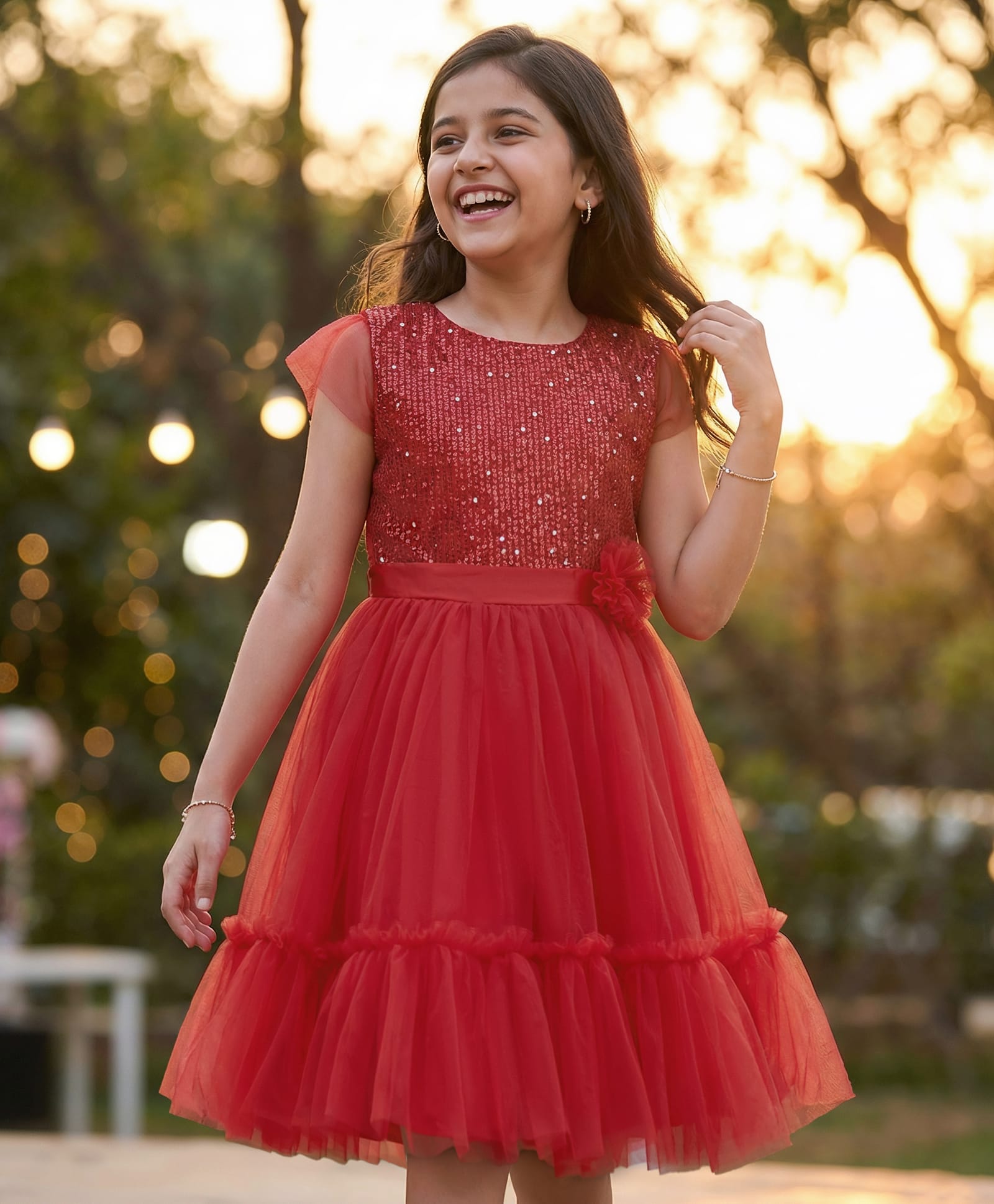 Pine Kids Woven Cap Sleeves Mesh Party Dress with Sequin Detailing & Floral Applique - Red-image-28