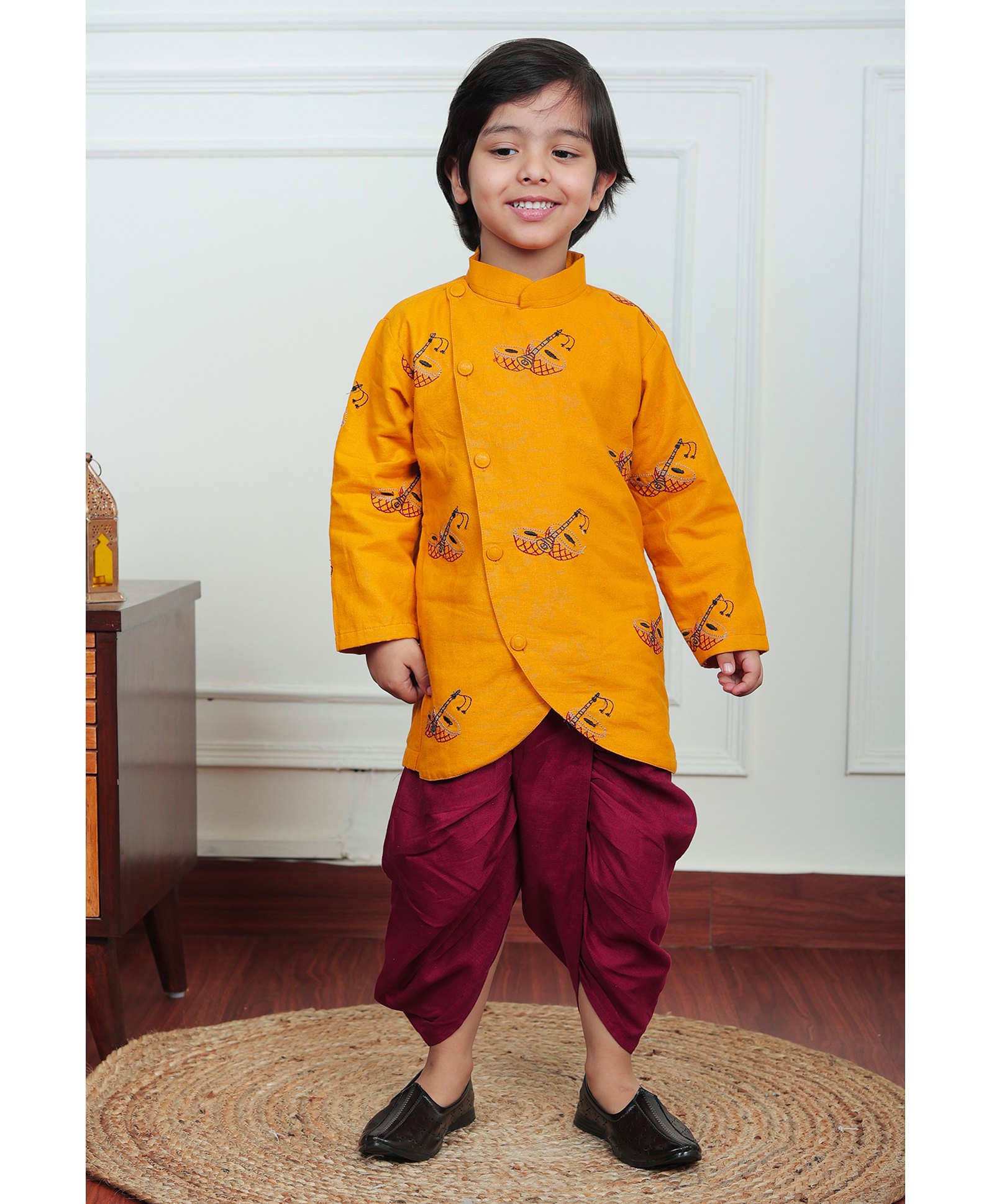 Polka Tots Cotton Full Sleeves Classical Instruments Embroidered Kurta Dhoti Set - Yellow-image-29