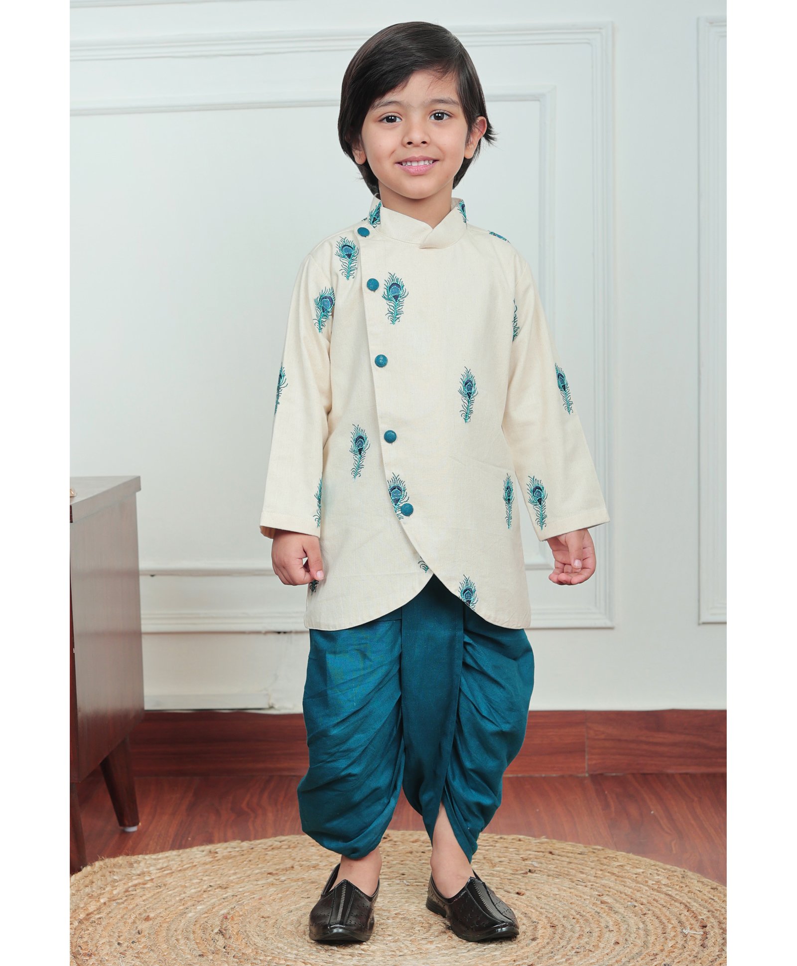Polka Tots Cotton Full Sleeves Peacock Feather Printed Angrakha Kurta & Dhoti Set - Cream-picture-10