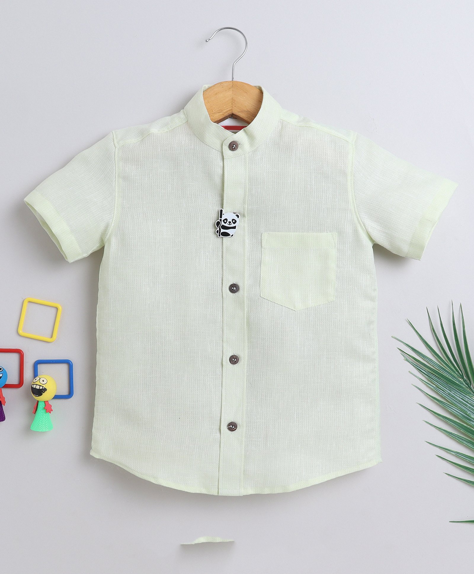 BAATCHEET Cotton Half Sleeves Solid Shirt With Detachable Panda Designed Brooch - Light Green-picture-31