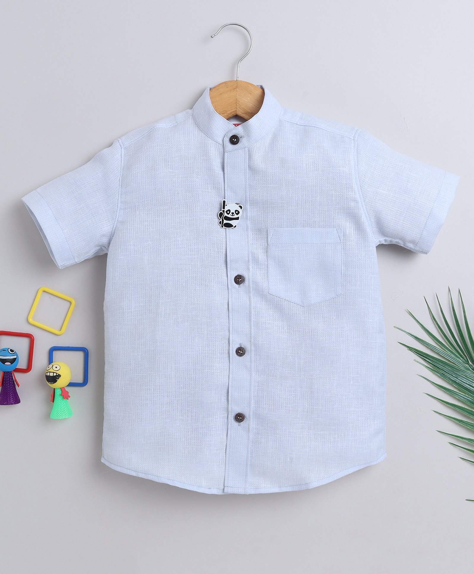 BAATCHEET Cotton Half Sleeves Solid Shirt With Detachable Panda Designed Brooch - Aqua Blue-picture-29