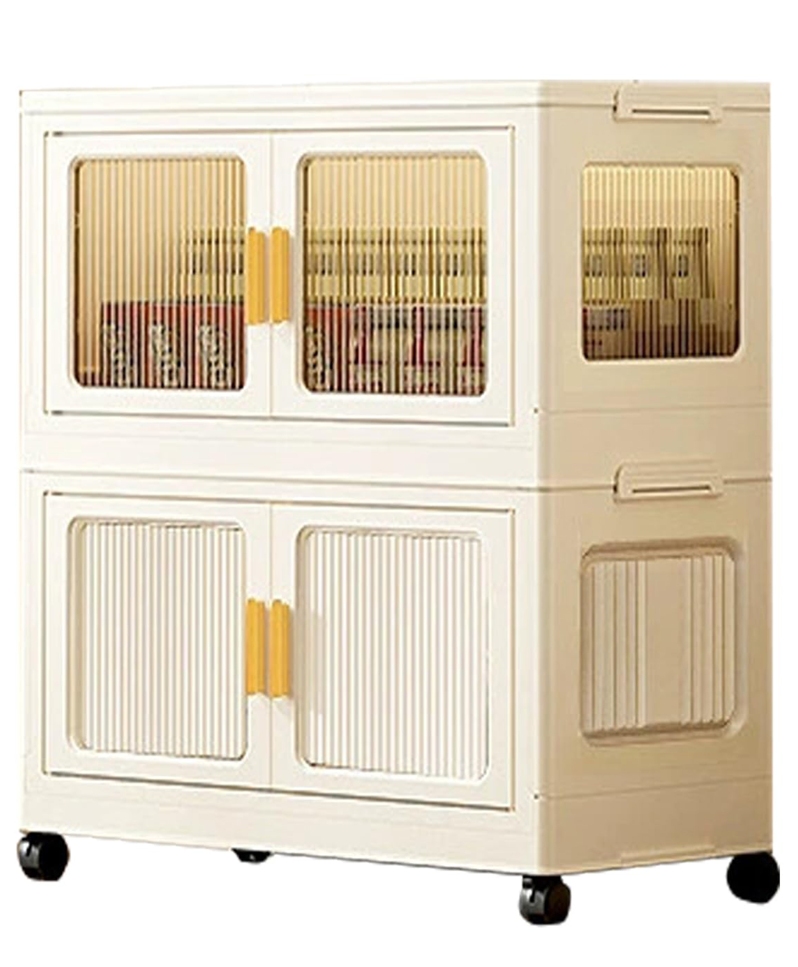 House of Quirk 2 Layer Storage Box Cabinet Wardrobe with Wheels Durable Plastic Foldable Closet Organizer for Clothes, Bags, and Living Room Storage 45cm - Cream