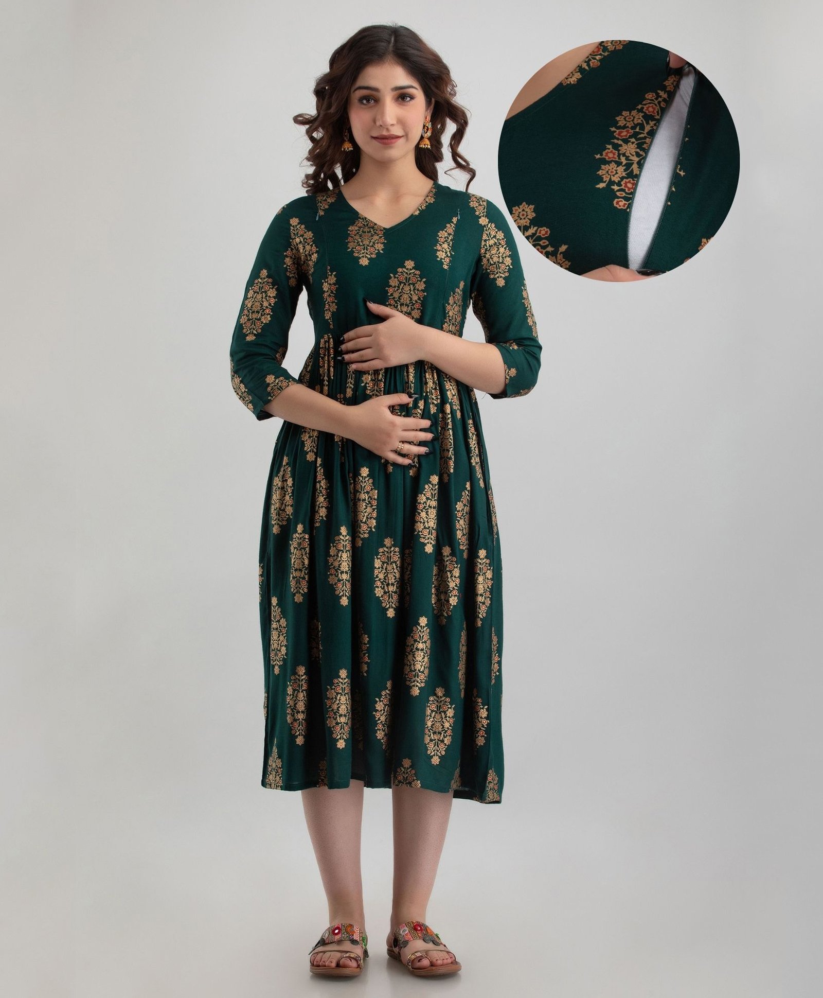 CeleBravo Rayon Three Fourth Sleeves Floral Foil Motifs Printed Maternity Dress With Nursing Access - Green