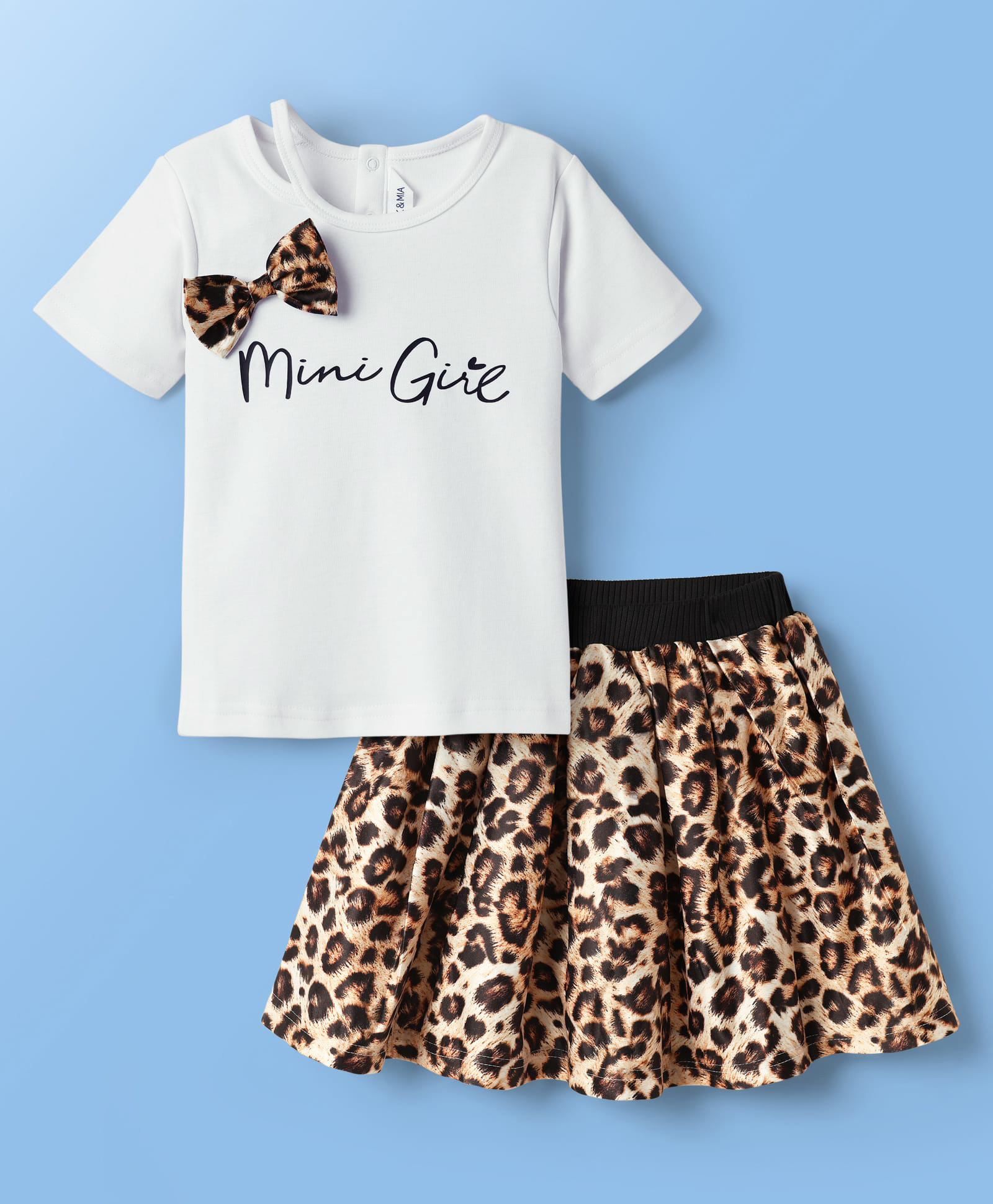 Mark & Mia Woven Half Sleeves Top & Skirt Set With Leopard Print & Bow Applique - White-image-27
