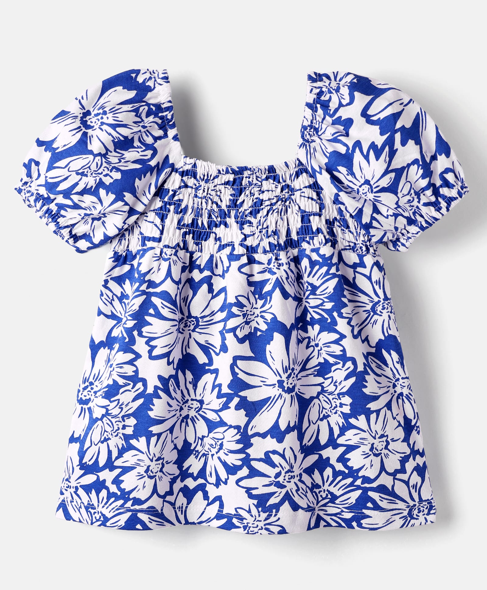 Babyhug Cotton Knit Half Puffed Sleeves Top with Floral Print & Smocking - Blue-picture-17