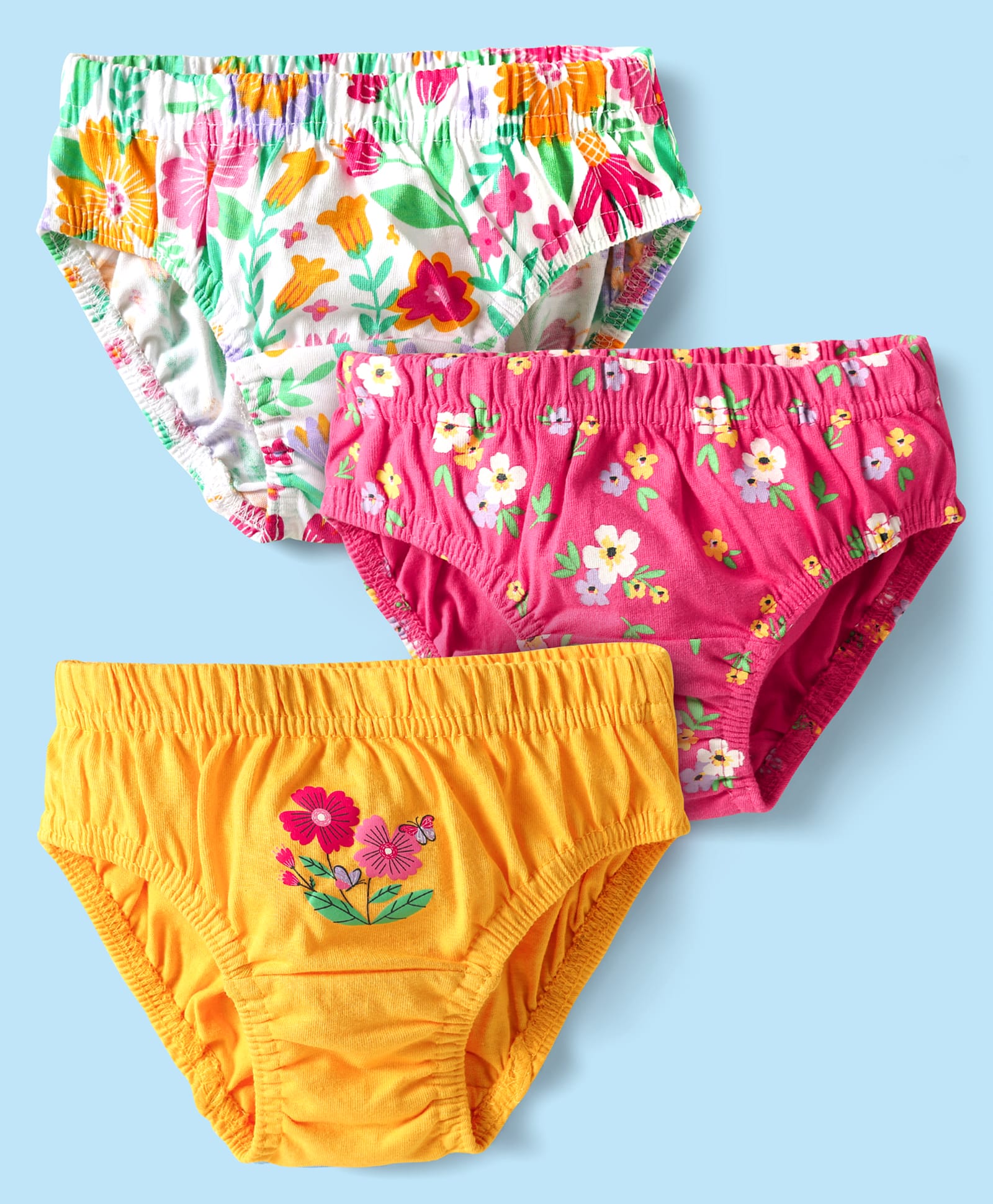 Babyhug 100% Cotton Antibacterial Floral Printed Panties Pack Of 3 - Dark Pink Yellow & White