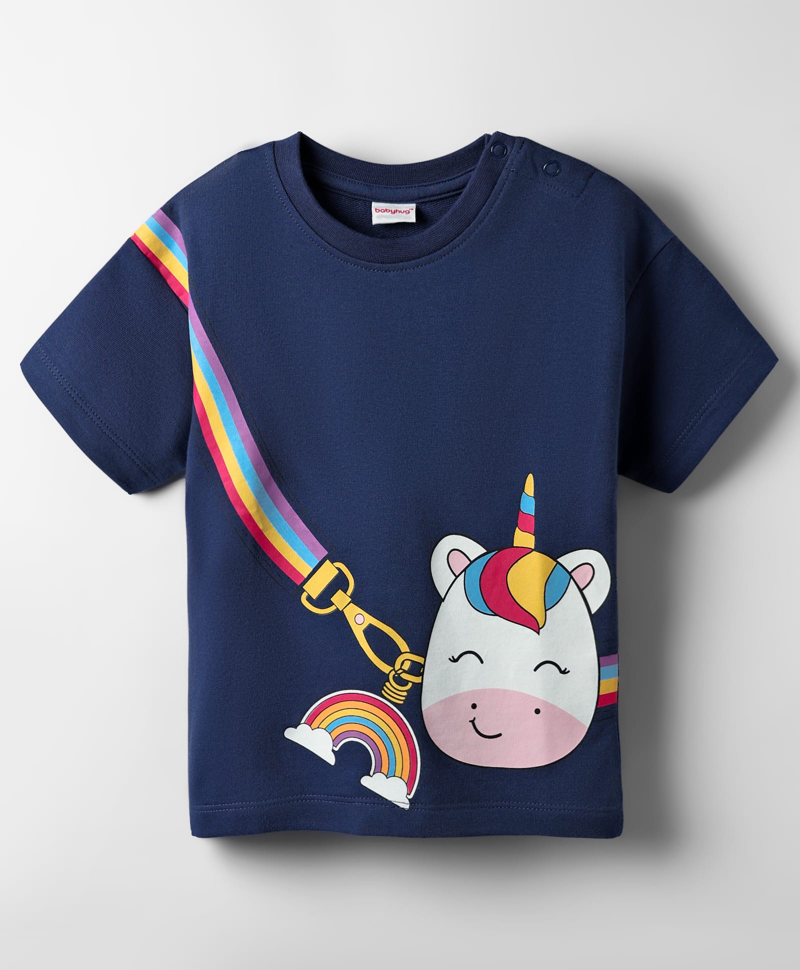 Babyhug Cotton Knit Half Sleeves Drop Shoulder T-Shirt With Unicorn Print - Navy Blue-image-49