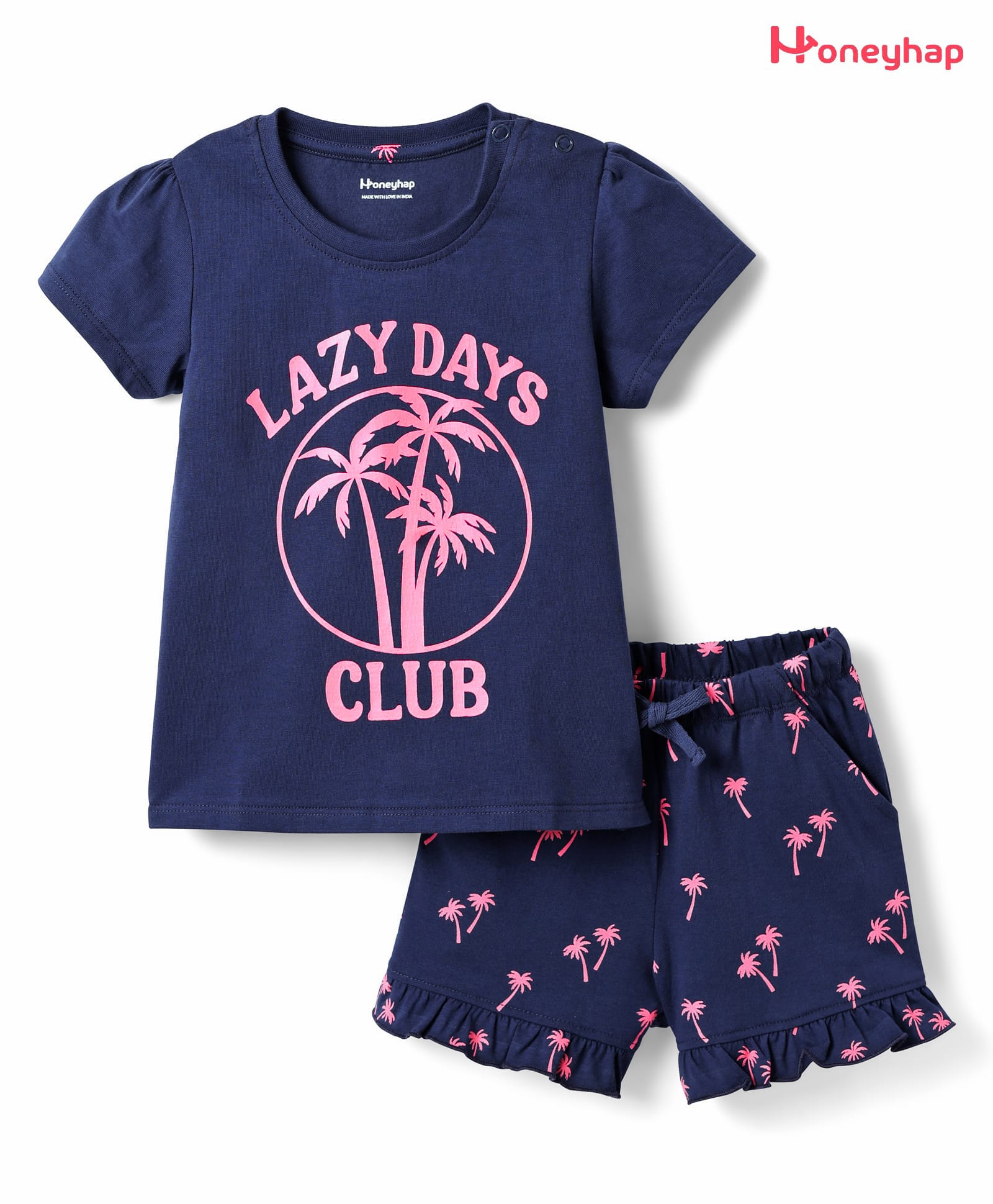 Honeyhap Premium 100% Cotton Knit Half Sleeves Co-ords Shorts Night Suit with Bio Finish & Coconut Tree Print - Navy Blue-picture-47