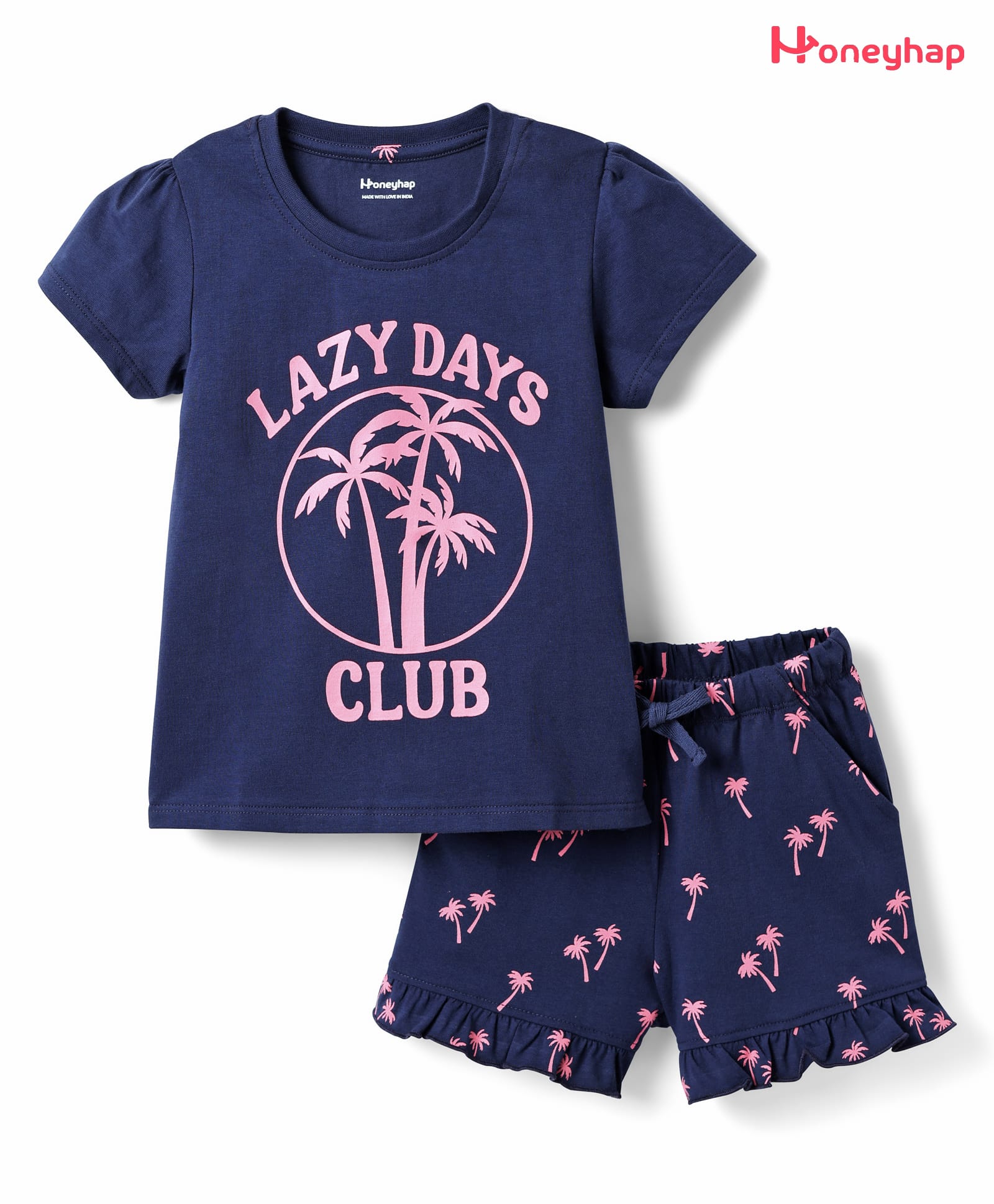 Honeyhap Premium 100% Cotton Knit Half Sleeves Co-ords Shorts Night Suit with Bio Finish & Coconut Tree Print - Navy Blue-image-28