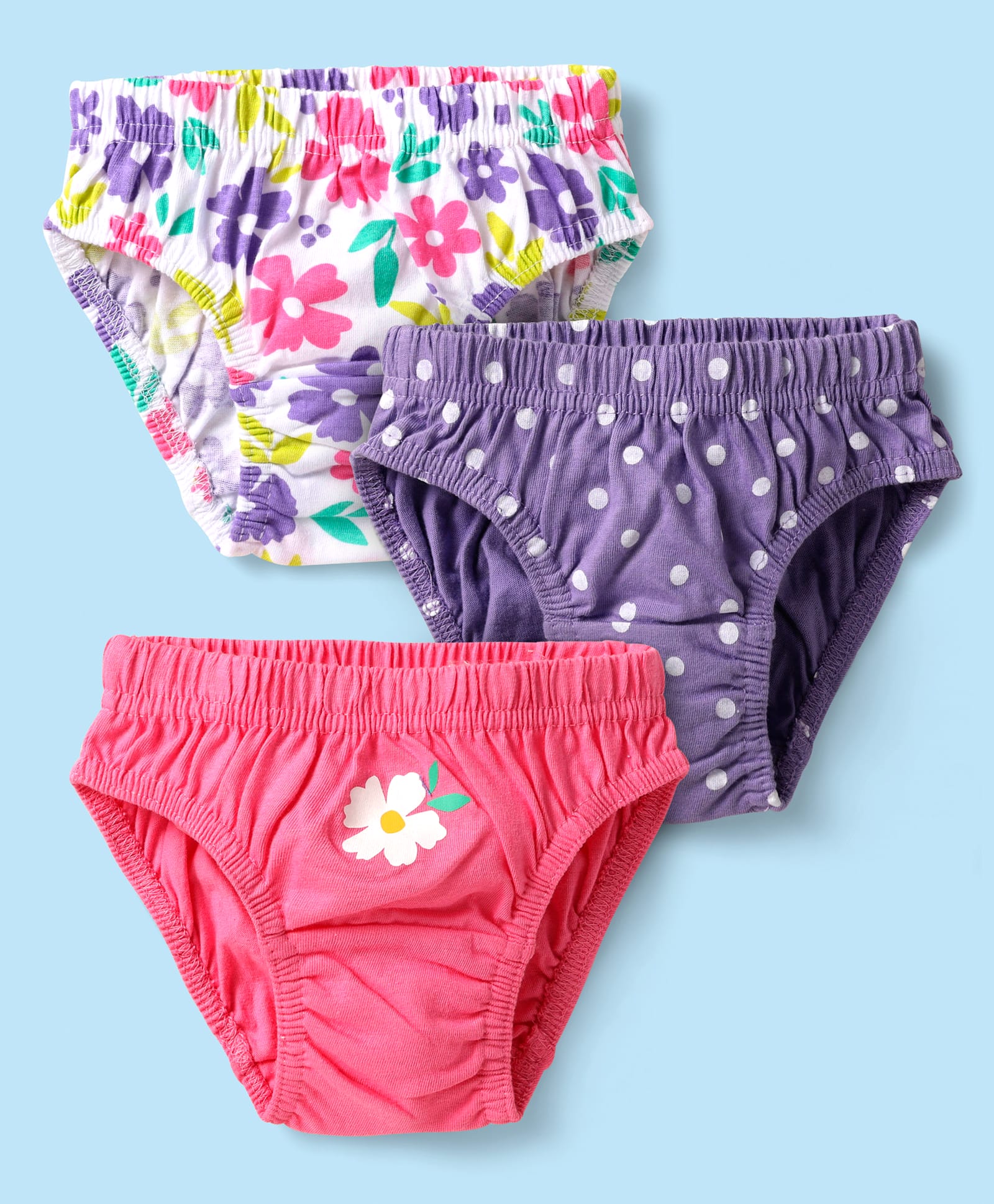 Babyhug 100% Cotton Knit Antibacterial Panties with Floral & Polka Dots Print Pack of 3 - Pink Lilac & White