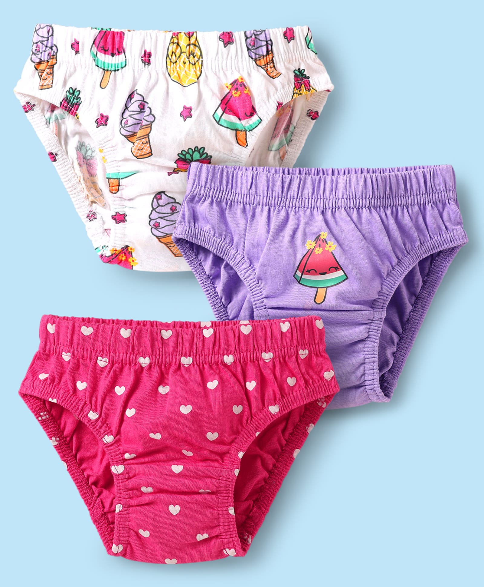 Babyhug 100% Cotton Single Jersey Knit Panties With Heart & Tropical Theme Print Pack Of 3 - White Purple & Pink