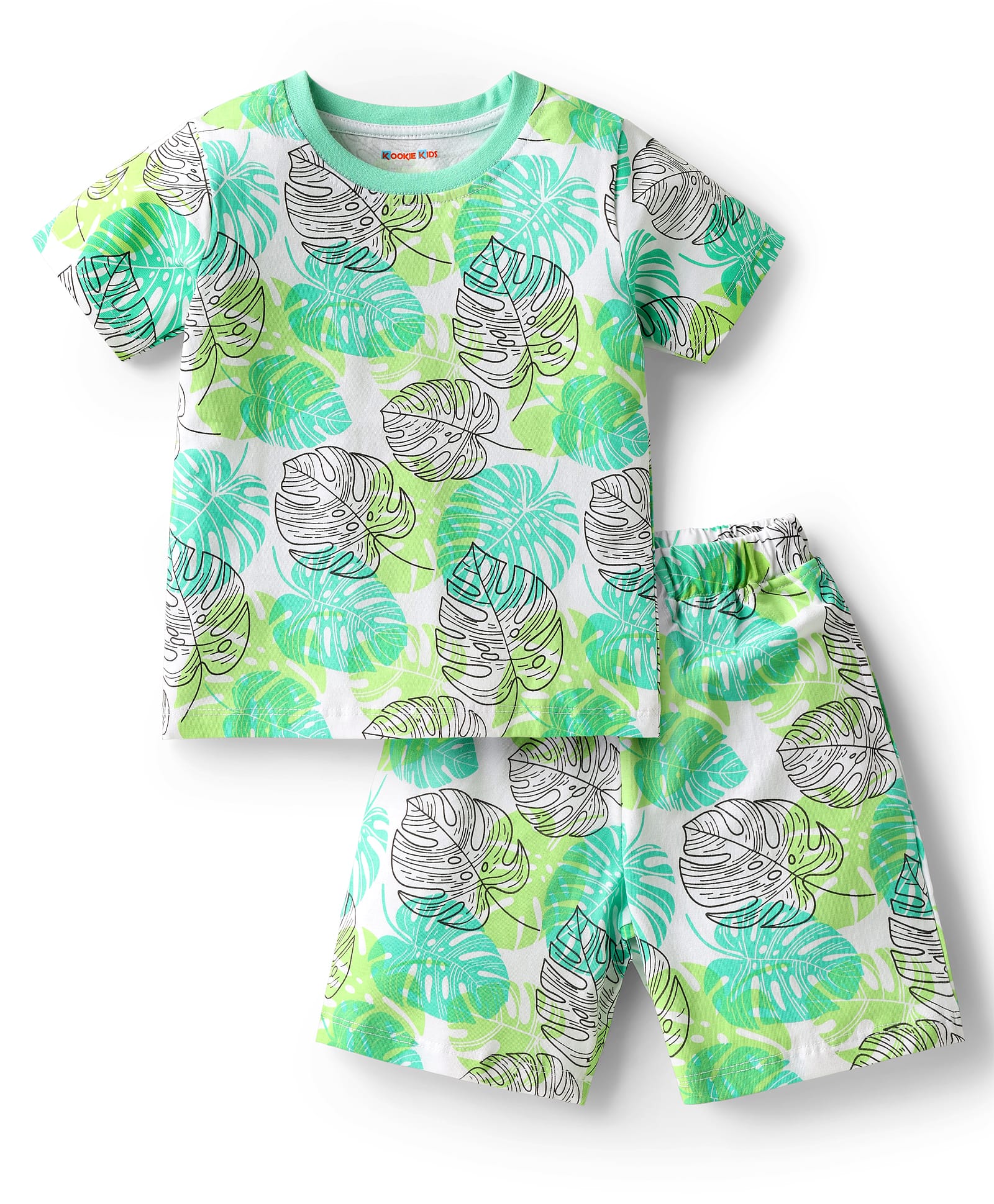 kookie kids india Kookie Kids Single Jersey Knit Half Sleeves Shorts Co-Ord Night Suit With Leaf Print - White-picture-31