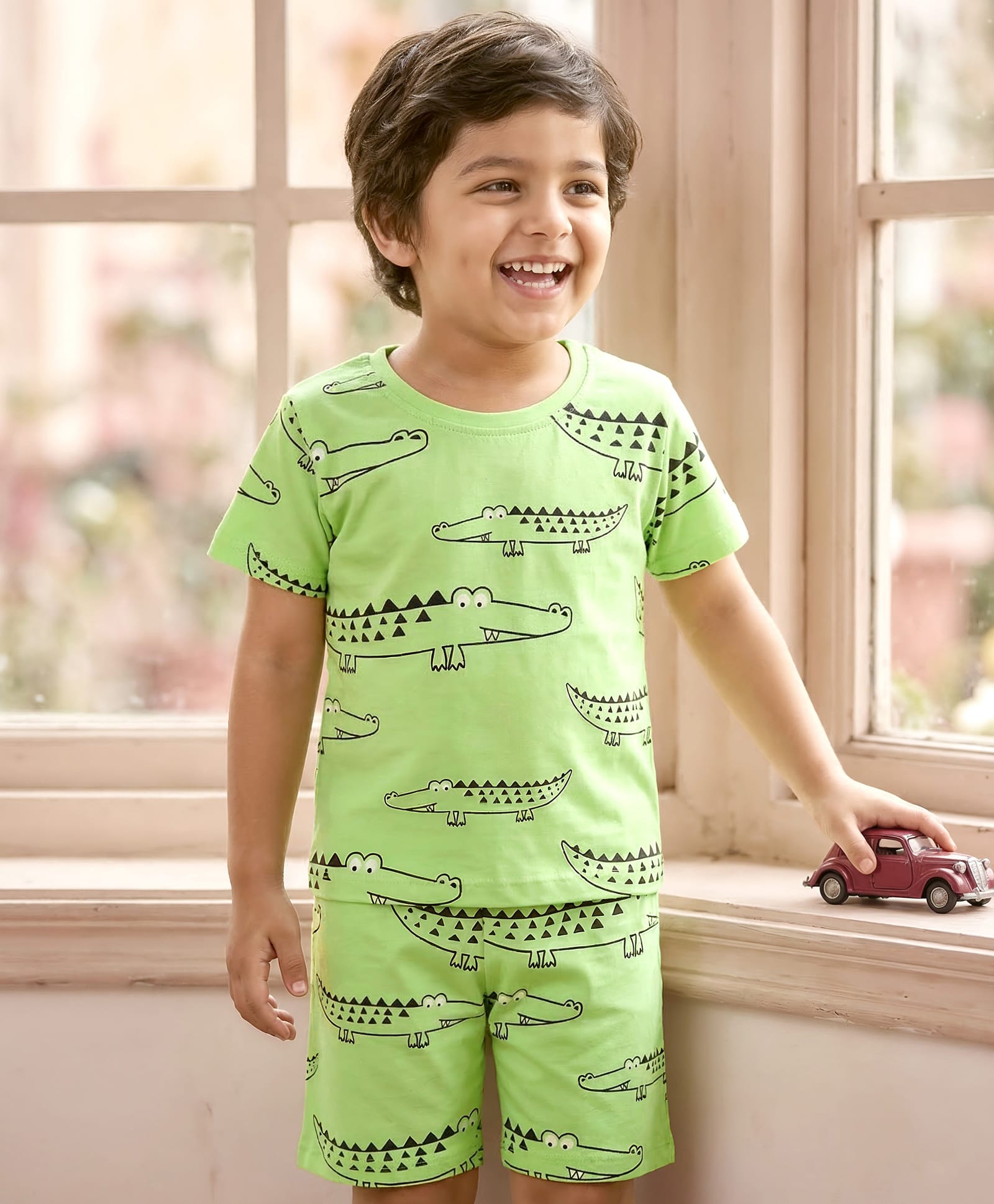 Kookie Kids Single Jersey Knit Half Sleeves Co-Ord Shorts Night Suit With Crocodile Print - Lime Green-image-47