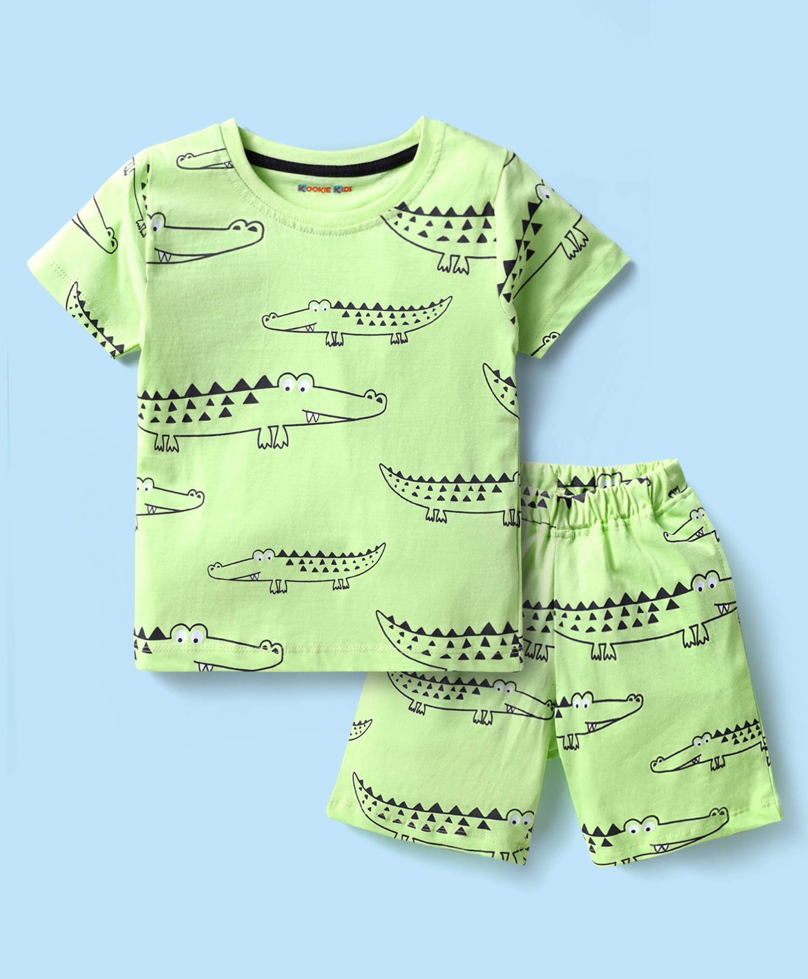 kookie kids india Kookie Kids Single Jersey Knit Half Sleeves Co-Ord Shorts Night Suit With Crocodile Print - Lime Green-picture-23