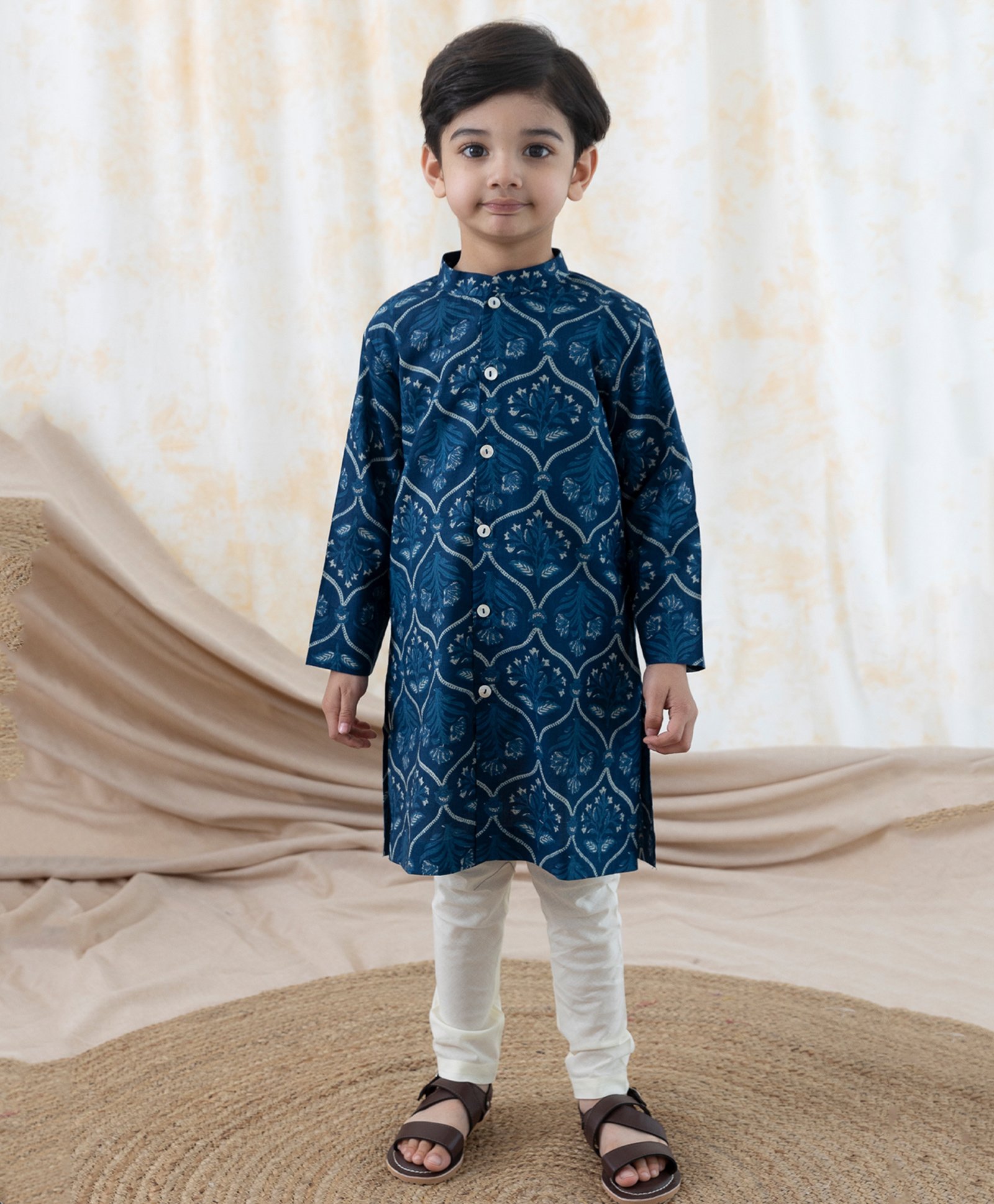 Tiber Taber 100% Cotton Full Sleeves Floral Printed Kurta Pyjama Set - Blue-image-16