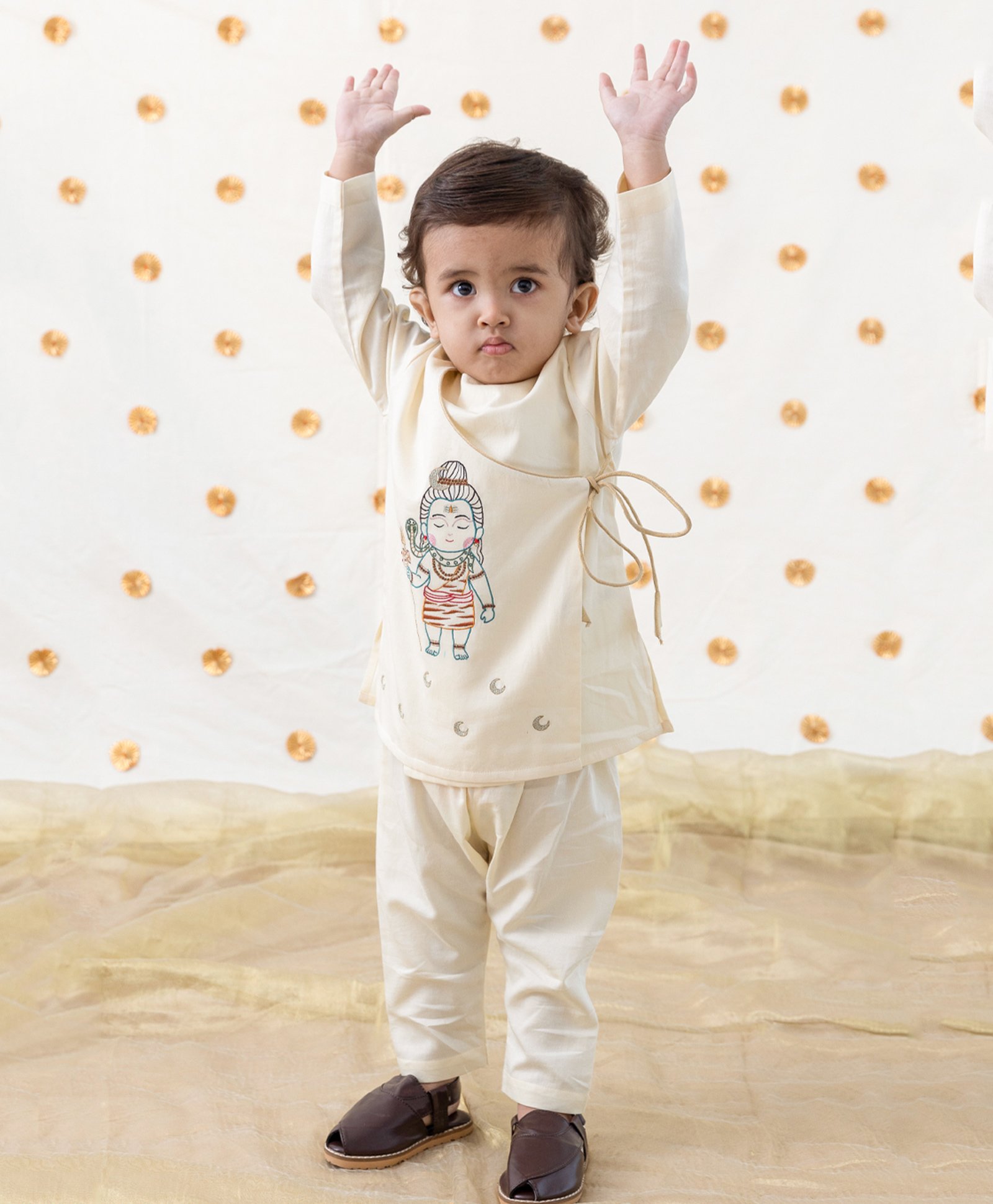 Tiber Taber 100% Cotton Full Sleeves Lord Shiva Embroidered Kurta Pyjama Set - Cream-picture-11