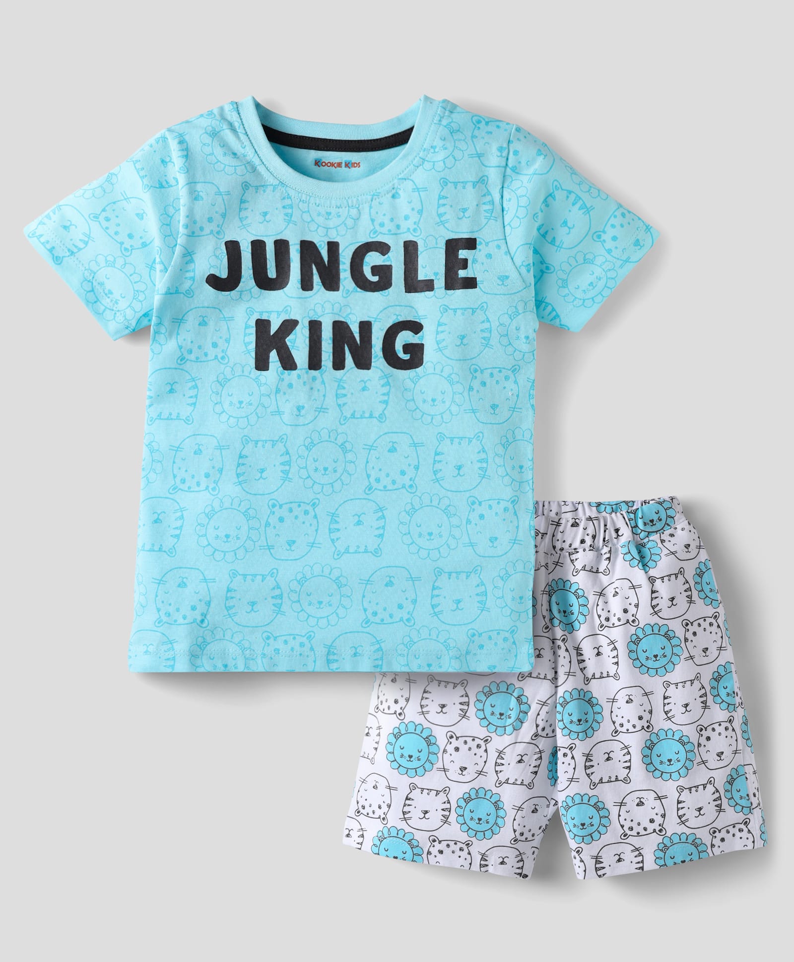 kookie kids india Kookie Kids Single Jersey Knit Half Sleeves Shorts Night Suit With Jungle King Text Print - Light Blue-picture-17